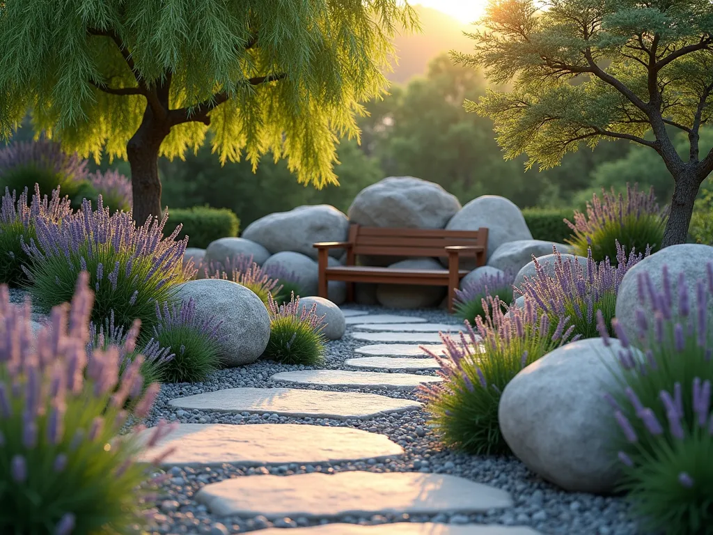 Zen Rock Garden Meditation Space - A serene outdoor meditation space with a natural stone path leading to a comfortable wooden bench nestled among large smooth boulders. Swaying ornamental grasses and clusters of lavender create a peaceful atmosphere. Soft evening lighting casts gentle shadows across weathered rocks of varying sizes arranged in gentle slopes. Japanese maple provides dappled shade, while a small trickling water feature adds tranquil sounds. Photorealistic, golden hour lighting, depth of field focus, peaceful atmosphere.