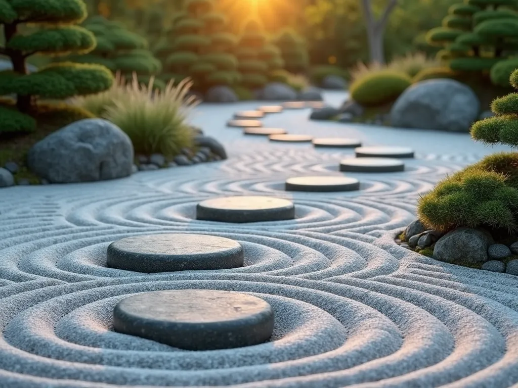 Serene Zen Garden Pathway - A tranquil Japanese zen garden pathway photographed during golden hour, featuring smooth gray stepping stones floating in meticulously raked white gravel creating concentric ripple patterns. Natural moss-covered boulders act as focal points alongside the path. Japanese forest grass sways gently in small clusters, while dwarf Japanese pine provides subtle greenery. The scene is captured from a low angle, with soft directional lighting casting gentle shadows across the raked patterns, creating a meditative atmosphere. Photorealistic, high detail, architectural photography style.