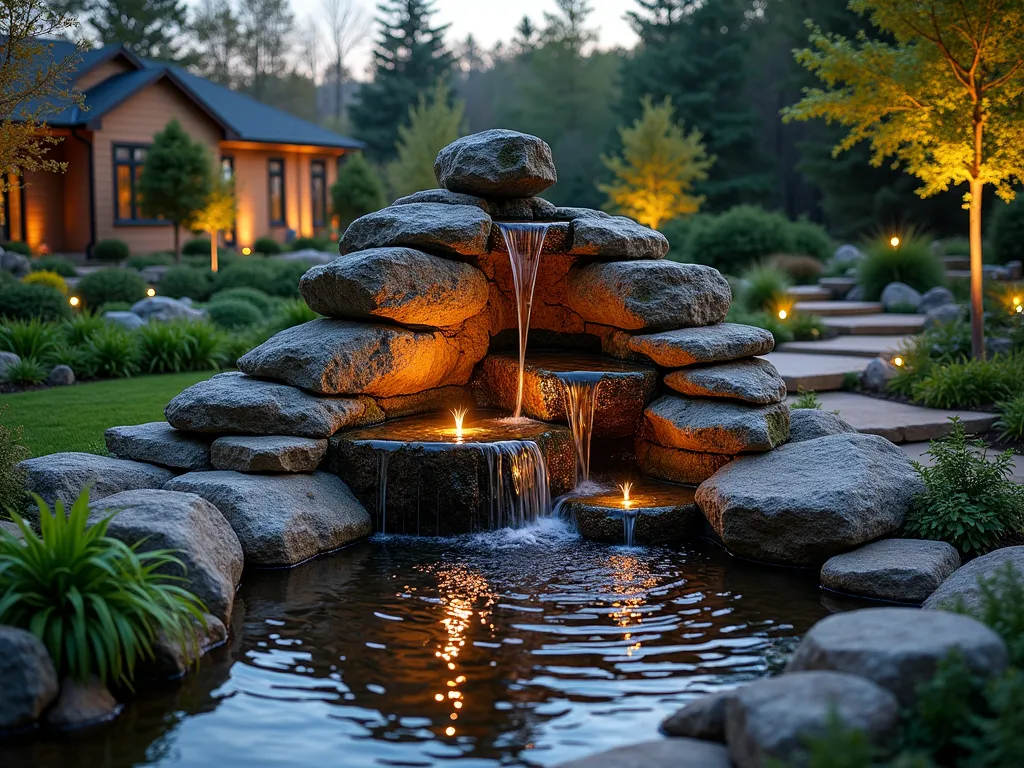 Serene Boulder Cascade at Twilight - A stunning twilight scene of a professionally landscaped backyard featuring a large-scale natural boulder fountain. Multiple weathered granite boulders are artfully stacked in a naturalistic arrangement, creating a 6-foot cascading waterfall. Crystal-clear water gracefully flows over moss-covered rock faces, catching the warm golden light of dusk. The fountain is surrounded by ornamental grasses, Japanese maples, and natural stone steps. Low-voltage landscape lighting illuminates the water feature from strategic angles, creating mesmerizing reflections on the water's surface. A peaceful zen-like atmosphere is captured in this wide-angle shot, with the fountain serving as the garden's dramatic focal point. Native ferns and small clusters of river rocks complete the natural mountain stream aesthetic.