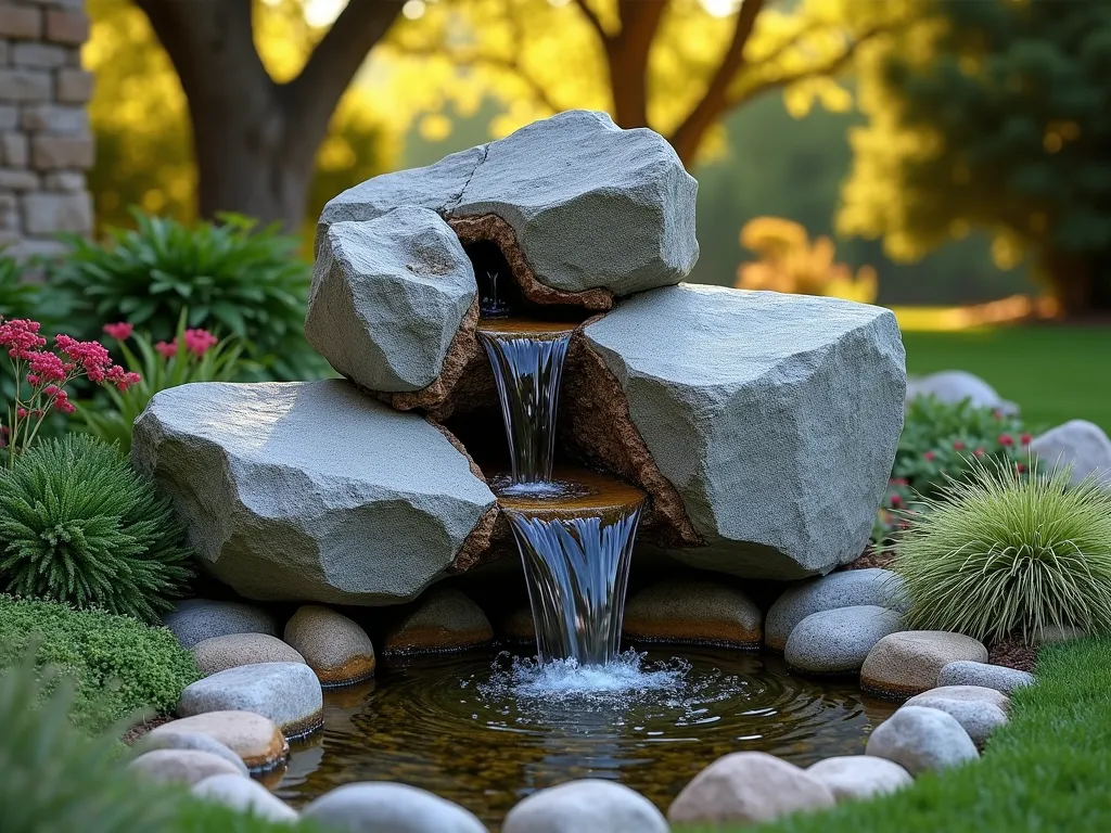 Cascading Granite Boulder Fountain - A stunning backyard fountain featuring three massive granite boulders arranged in a natural, asymmetrical triangle formation, partially embedded in lush landscaping. Crystal-clear water gracefully emerges from the highest boulder's peak, creating a mesmerizing cascade that flows organically between the stones, catching golden late afternoon sunlight. The boulders, varying in heights from 3-4 feet, are surrounded by ornamental grasses, dwarf Japanese maples, and natural moss growth. A bed of river rocks surrounds the base, with soft ambient lighting illuminating the water's path. Photographed at a 3/4 angle to capture both the depth and width of the installation, with a gentle motion blur on the flowing water to convey movement. The background shows a blurred garden setting with mature trees providing natural framing.