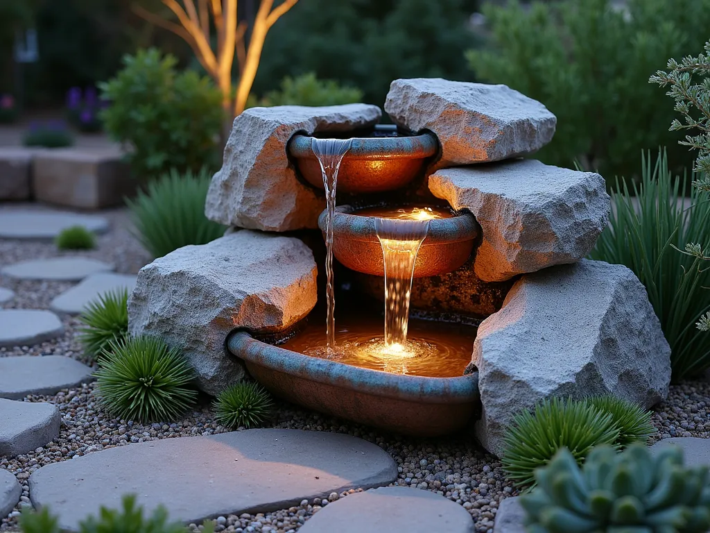 Copper-Stone Cascade Fountain at Dusk - A mesmerizing rock garden water feature photographed at dusk, showcasing weathered copper pipes cascading water over natural granite boulders. The copper elements display a rich verdigris patina, creating an artistic contrast against the rough-textured stones. Soft LED lighting illuminates the water's path, creating a magical ambiance. Small clusters of ornamental grasses and succulents frame the fountain, while the water gently trickles down multiple levels of strategically placed rocks. The fountain is set within a peaceful garden corner, with a rustic stone path leading to the feature. Captured in a medium-wide shot that emphasizes both the architectural details and the surrounding landscape.