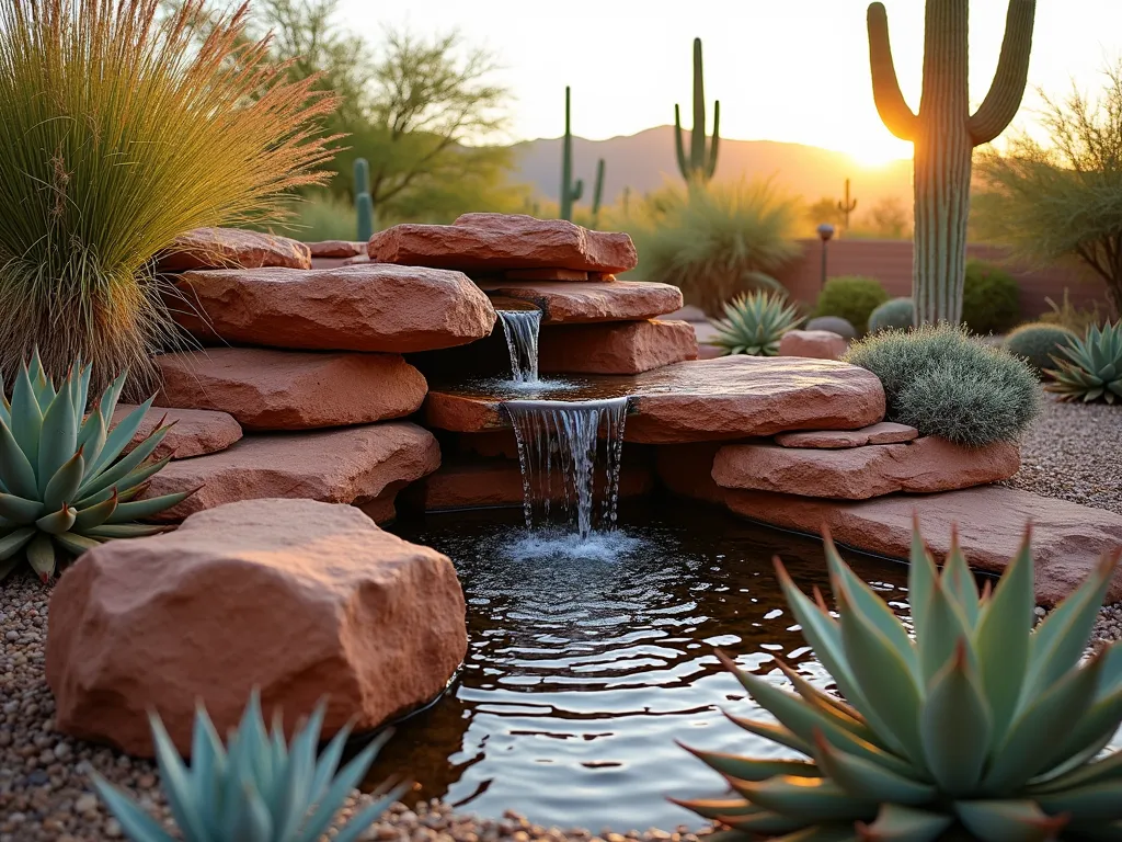 Desert Rock Fountain Sanctuary - A stunning wide-angle DSLR photograph of a modern desert rock garden fountain at golden hour, featuring dramatic red sandstone formations arranged in a natural cascade. A gentle stream of water trickles down weathered rock faces, creating peaceful ripples in a small collection pool below. The scene is adorned with carefully placed drought-resistant plants including barrel cacti, blue agave, and echeveria rosettes in varying sizes. Mexican feather grass sways gently in the foreground, while tall saguaro cacti stand majestically in the background. Soft golden sunlight filters through the scene, casting long shadows and highlighting the water's movement. The fountain is seamlessly integrated into a larger xeriscaped backyard design, with decomposed granite pathways and accent lighting preparing for the evening ambiance. Shot at f/8 for optimal depth of field, capturing both the intricate rock textures and the broader desert landscape composition.