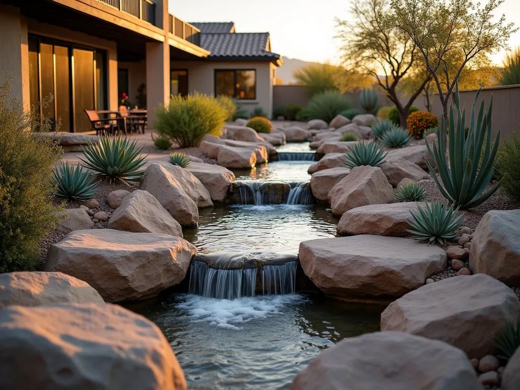 Desert Wash Rock Garden with Flowing Water - A DSLR wide-angle shot of a serene desert wash-inspired rock garden at golden hour. Smooth, polished river rocks in varying earth tones create a natural-looking dry riverbed meandering through a modern backyard. Crystal-clear water gently cascades over strategically placed boulders, creating a peaceful sound. Desert-adapted plants like agave, barrel cactus, and desert marigolds line the edges. Natural desert sandstone formations frame the background, while LED uplighting highlights the water's journey. The recycling water system creates a mesmerizing flow pattern across the weathered rocks, catching the warm sunset light. Professional landscape photography with perfect depth of field captures both the intricate rock details and the overall desert wash design.