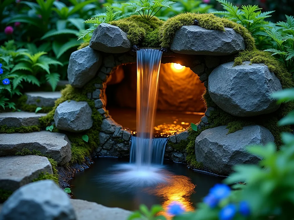 Enchanted Garden Grotto Fountain - Twilight shot of a magical garden grotto fountain made from natural moss-covered boulders, creating a small cave-like structure. Crystal-clear water cascades gracefully from within the cave's entrance, illuminated by warm hidden LED lights that create a ethereal golden glow. The grotto is surrounded by lush ferns and hostas, with small clusters of blue forget-me-nots near the water's edge. Captured from a three-quarter angle to show both the cave entrance and the falling water, with subtle mist rising from the pool below. The scene is photographed using a long exposure to capture the silky smooth movement of water, while detailed rock textures remain sharp. Natural stone steps lead to the grotto entrance, and climbing vines partially drape over the top of the rock formation.