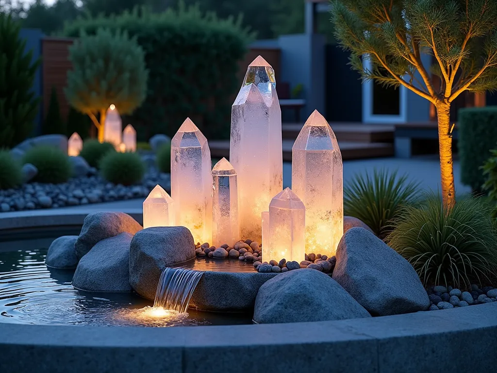 Illuminated Crystal Quartz Garden Fountain - A stunning twilight garden scene featuring a contemporary water fountain made from large, naturally formed crystal quartz clusters and geodes. Clear water cascades gracefully over the crystalline surfaces, creating ethereal prismatic light effects. The fountain is nestled within a curved rock garden bed filled with low-growing succulents and ornamental grasses. LED uplighting enhances the crystals' natural transparency and creates a magical atmosphere. The fountain is photographed from a medium-low angle to capture both the detail of the water flow over the crystals and the surrounding landscape. Several large quartz points, ranging from 2-3 feet tall, are arranged in a naturalistic formation, with smaller crystals and polished river rocks at the base. The water feature is the centerpiece of a modern zen garden design, with a small wooden deck viewing area visible in the background.