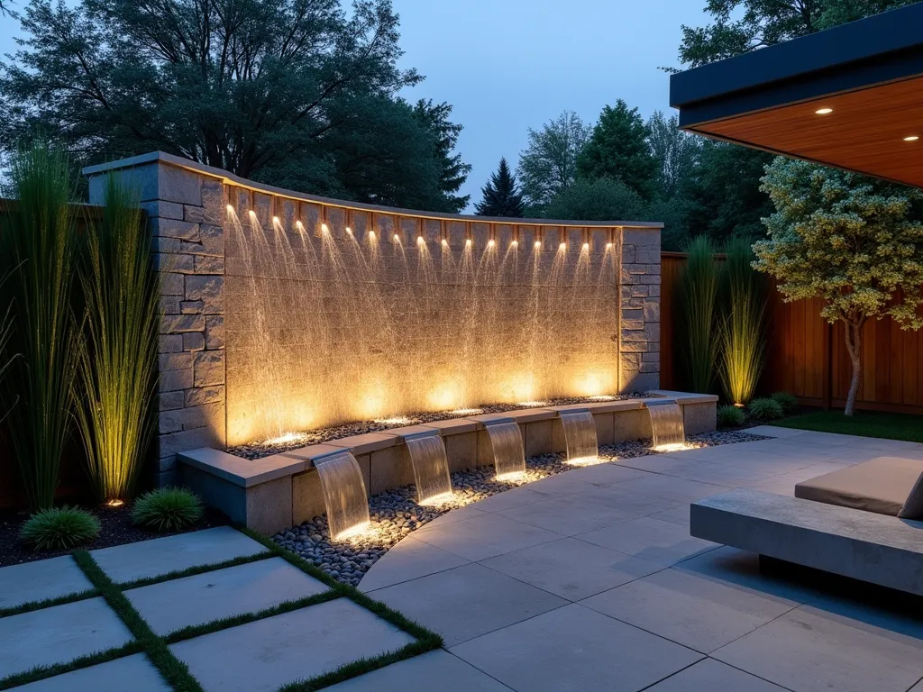 Illuminated Rain Curtain Rock Wall at Dusk - A stunning wide-angle photograph of a contemporary backyard featuring a 7-foot tall curved natural stone wall with cascading water creating a seamless curtain effect, captured at dusk. Multiple slim water channels are artfully integrated into the weathered granite, producing a mesmerizing pattern of falling water that catches the warm glow of hidden LED uplighting. The wall is flanked by mature Japanese Forest Grass and Black Mondo Grass, creating a soft contrast to the stone. Gentle mist rises from the pebble-lined catch basin below, while strategic spotlighting creates dramatic shadows and highlights the water's movement. The surrounding space includes modern concrete pavers and a sleek seating area, suggesting an urban garden setting. The water appears to shimmer like liquid silver in the twilight, creating a magical atmosphere.