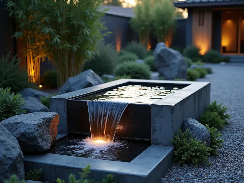 Modern Concrete and Stone Water Basin - Close-up dramatic evening shot of a sleek rectangular concrete basin fountain with cascading water, surrounded by angular charcoal-colored rocks and weathered steel accents. Soft LED lighting illuminates the water feature, creating reflective patterns on the polished concrete surface. Natural moss-covered boulders contrast with the geometric lines of the industrial materials. Minimal architectural plants frame the scene, including black bamboo and ornamental grasses, capturing the perfect balance between industrial design and natural elements. The fountain is set against a modern garden backdrop with decomposed granite pathways.