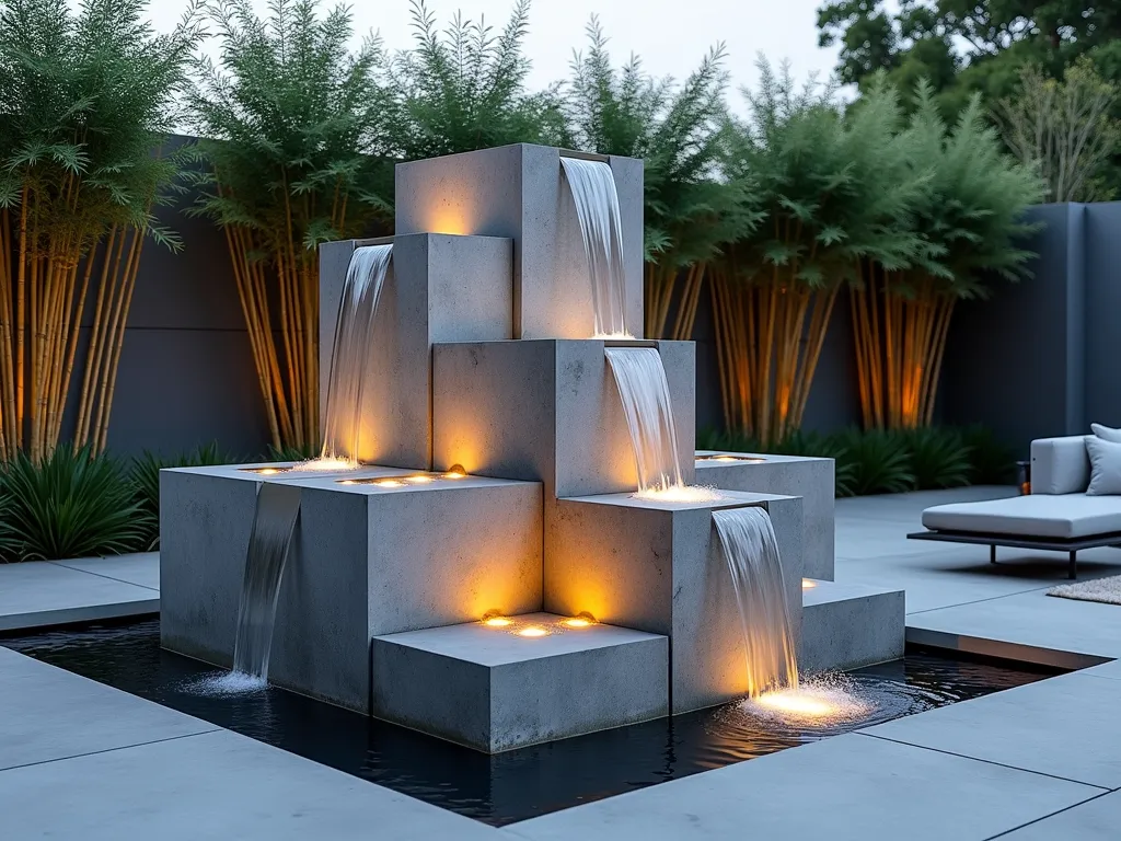 Modern Geometric Stone Fountain Stack - A stunning modern garden fountain featuring precisely stacked cubic stone blocks in varying sizes, creating a dramatic geometric sculpture. Water gracefully cascades down through sleek channels carved into light gray granite blocks, illuminated by subtle evening lighting. The fountain is set against a backdrop of minimal landscaping with architectural bamboo and low-growing sedge grass. A wide-angle view captures the fountain as a focal point on a modern patio, with clean lines and contemporary furniture nearby. Small LED lights embedded between the stone blocks create a ethereal glow as dusk settles, reflecting in the moving water. The stone stack rises approximately 6 feet tall, with each block perfectly aligned to create compelling negative space between layers.