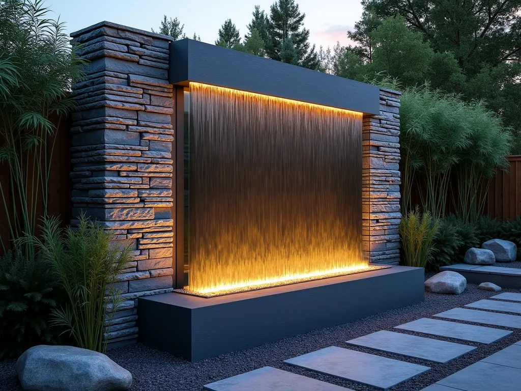 Modern Glass and Stone Water Wall at Dusk - A stunning contemporary water wall feature in an elegant backyard garden setting at dusk. A 6-foot tall glass panel is framed by stacked natural slate stones in varying shades of gray and charcoal. Crystal-clear water cascades smoothly down the illuminated glass surface, creating a mesmerizing sheet of flowing water. LED uplighting highlights the textural contrast between the smooth glass and rough stone edges. The water wall is set against a backdrop of ornamental grasses and bamboo, their silhouettes gently swaying in the evening breeze. The scene is captured from a medium-wide angle, showing the surrounding zen-inspired garden space with smooth river rocks and stepping stones leading to the feature. The glass reflects the warm sunset sky, while the flowing water creates gentle ripples that catch the ambient lighting.