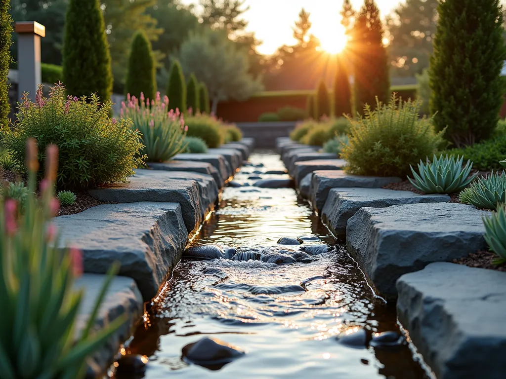 Modern Rock Garden Rill at Sunset - A stunning backyard rock garden featuring a modern, narrow water rill photographed during golden hour. The sleek, linear water channel is lined with smooth gray river rocks and angular slate pieces, creating a contemporary geometric pattern. Alpine plants like Sempervivum and Saxifraga cascade over weathered limestone blocks along the channel's edges. Crystal-clear water flows gently through the 6-foot channel, catching the warm sunset light. Shot from a low angle perspective with a 16-35mm lens at f/2.8, capturing the interplay of light on the water's surface and the textural details of the rocks. Modern copper sconces illuminate the feature, while dwarf conifers provide architectural backdrop. ISO 400 creates perfect exposure for the evening ambiance.