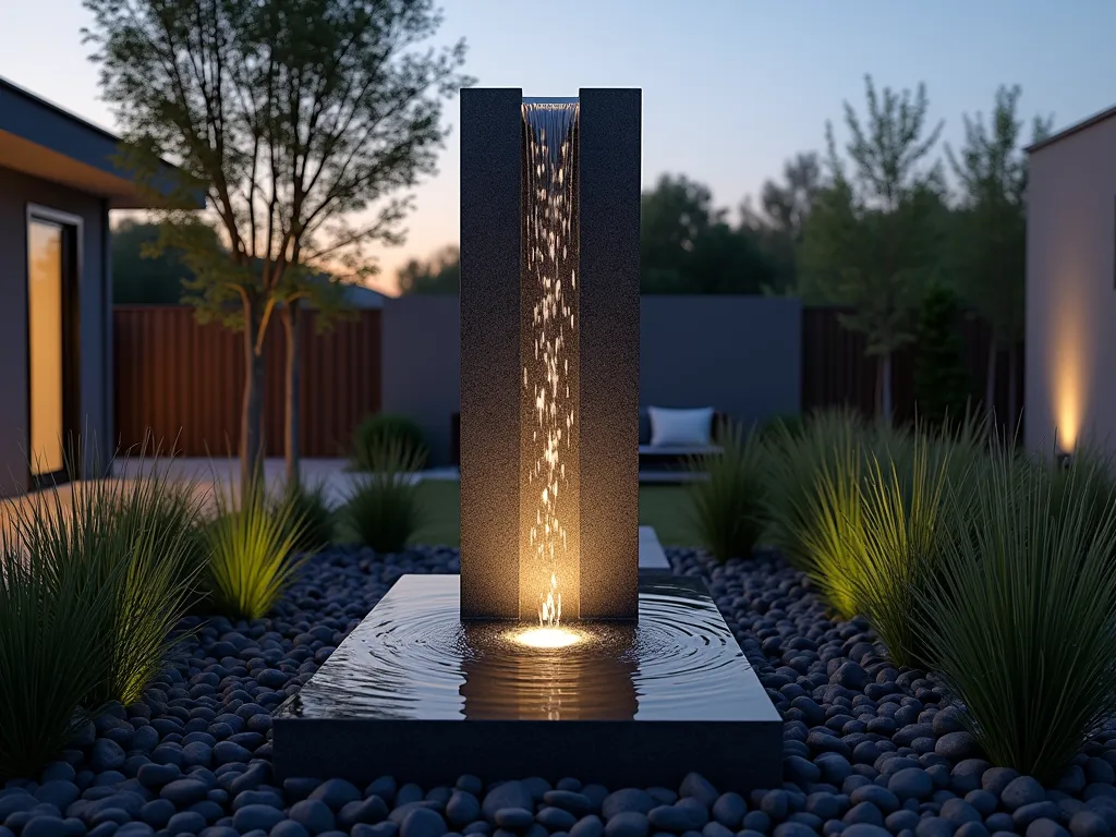 Modern Stone Monolith Fountain - A stunning twilight photograph of a sleek 7-foot tall granite monolith fountain in a contemporary zen garden setting. Water gracefully cascades down precision-cut channels on its smooth surface, illuminated by subtle integrated LED lighting. The monolith stands centered in a bed of polished black river rocks, surrounded by low-growing ornamental grasses that sway gently in the evening breeze. Shot at f/2.8 with warm sunset light creating dramatic shadows and highlighting the water's movement. Clean architectural lines and minimalist landscaping emphasize the fountain's dramatic presence. A wide-angle perspective captures both the towering monolith and its reflection in the shallow pool at its base.