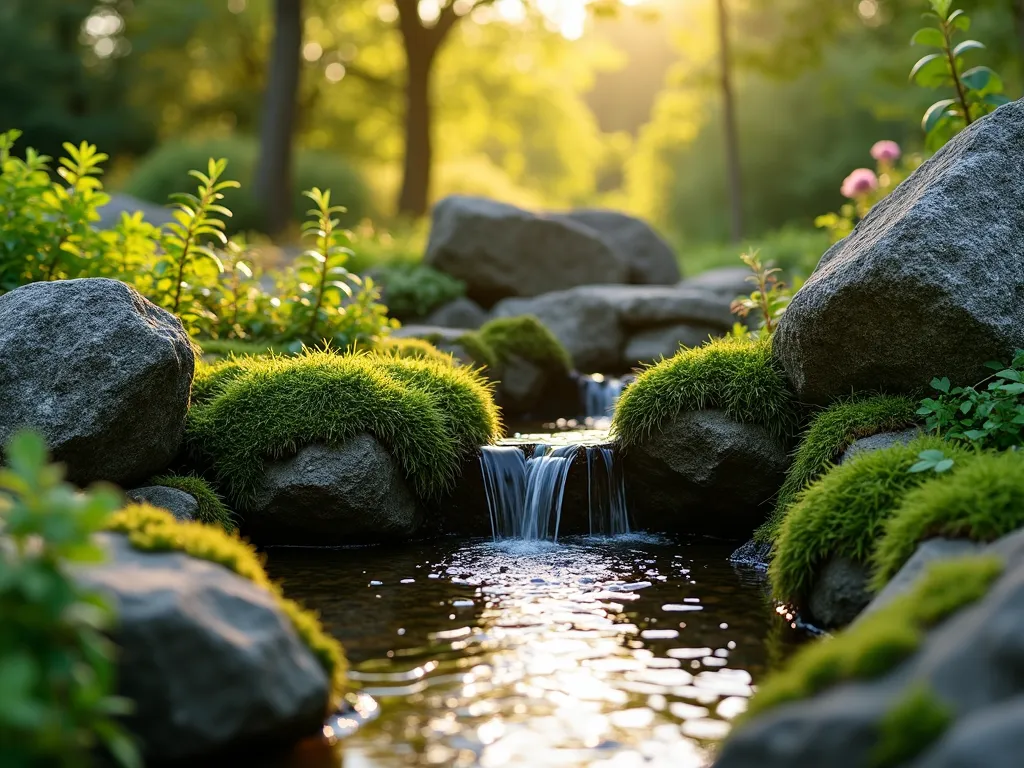 Ancient Moss Rock Water Feature - Close-up photograph of a naturalistic garden water feature at golden hour, featuring large weathered granite boulders draped in lush green moss. Crystal-clear water gently seeps from between the rocks, creating thin silvery streams that catch the warm evening light. The rocks are surrounded by delicate ferns, miniature hostas, and creeping Jenny, creating a prehistoric microhabitat. Soft bokeh effect in background with dappled sunlight filtering through overhead trees. Shallow depth of field emphasizing the textures of the wet moss and lichens on the ancient-looking rocks.