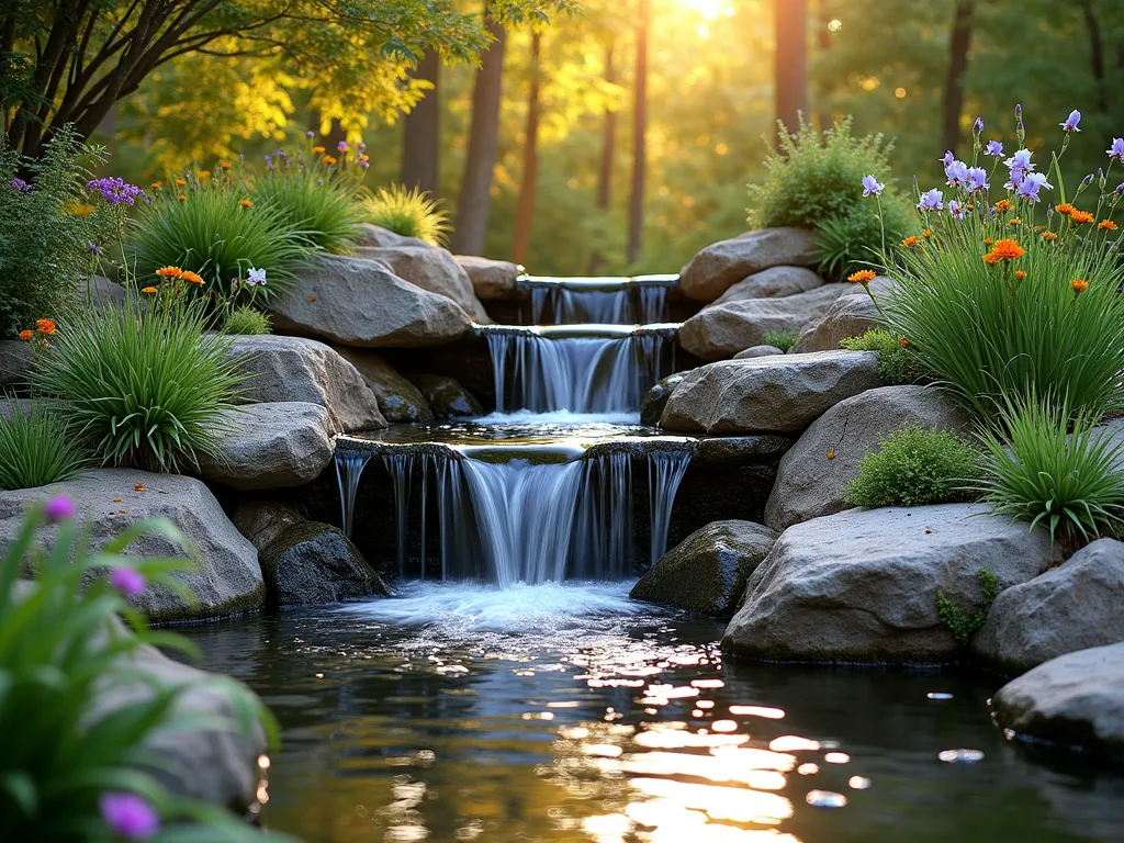 Natural Rock Cascade Pond Edge - A stunning backyard water feature at golden hour, showcasing a natural stone waterfall cascading into a serene koi pond. Multiple streams of crystal-clear water flow over weathered granite and slate rocks of varying sizes, creating gentle pools and mini-waterfalls. The pond edge is adorned with water lilies, iris, and marsh marigolds. Natural moss-covered rocks frame the cascade, while Japanese forest grass and dwarf bamboo provide soft textural contrast. The scene is captured with a wide-angle perspective, emphasizing the natural integration of the water feature into the landscape, with soft golden sunlight filtering through overhead trees creating sparkles on the flowing water. The varying depths of the pond are visible through the clear water, showing natural stone ledges that provide shelter for koi fish.