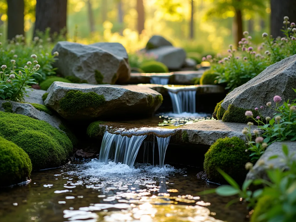 Woodland Spring Rock Fountain - A serene close-up shot of a naturally designed rock fountain in a woodland garden setting during golden hour. Crystal-clear water gently emerges from beneath large, moss-covered granite boulders, cascading over smaller river rocks. Delicate ferns and woodland flowers surround the feature, while dappled sunlight filters through overhead tree canopy. The fountain is thoughtfully integrated into a sloped garden bed, with emerald moss patches creating a lush, age-old appearance. Native woodland plants like foam flowers and wild ginger create a naturalistic border, while the water catches the warm evening light, creating subtle sparkles as it flows. The scene appears completely natural, as if discovering a hidden spring in a forest.