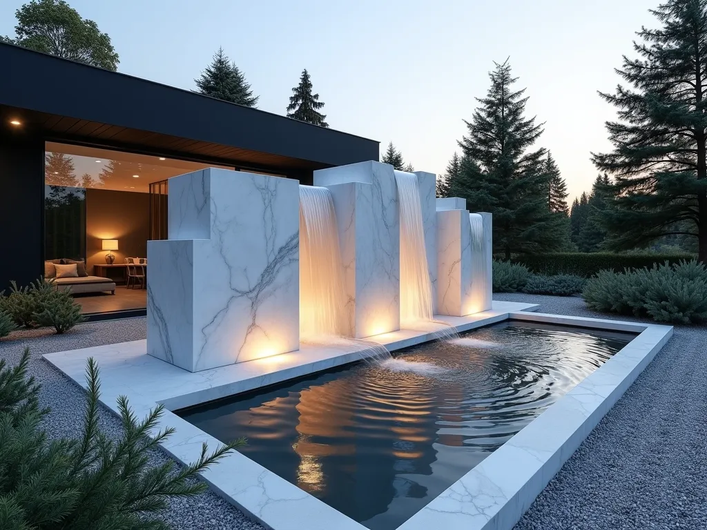 Modern Nordic Ice Block Fountain - A striking modern garden fountain featuring large, smooth white marble blocks arranged in a geometric formation, cascading water flowing between them. The blocks appear translucent and glacial, illuminated from within by subtle LED lighting. Set against a minimalist landscape with silver-grey gravel and sparse architectural plants. Low evening light casts long shadows across the contemporary space, while the water creates mesmerizing reflections. Wide-angle shot capturing the entire feature with a modern house facade visible in the background. The fountain is surrounded by low-growing Arctic moss and dwarf blue spruce, emphasizing the Nordic theme.