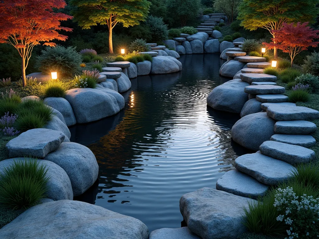 Mesmerizing Spiral Rock Stream Garden - A stunning twilight scene of a spiral-shaped water feature in a serene garden setting, captured from a high angle. The design features a gently cascading stream that winds in a perfect spiral, created with smooth river rocks and weathered granite boulders. Crystal-clear water flows from the center outward, illuminated by subtle landscape lighting. Japanese forest grass and dwarf mondo grass soften the edges, while small clusters of blue fescue create silvery accents. Natural stone steps follow the spiral's curve, allowing viewing from different heights. Ornamental moss covers select rocks, adding texture and age. The surrounding space includes strategically placed Japanese maples casting delicate shadows, with low-voltage lighting creating a magical ambiance as dusk settles. The water's surface reflects the warm glow of the evening sky, creating mirror-like effects between the rocks. Photorealistic, 8K resolution, atmospheric garden photography.