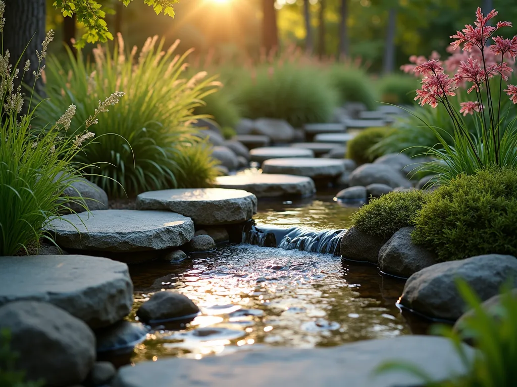 Tranquil Stepping Stone Stream - A serene backyard garden scene at golden hour featuring a gently flowing artificial stream with large flat granite stepping stones creating a path across the water. Natural moss-covered rocks line the stream's edges, while ornamental grasses and Japanese forest grass sway in the gentle breeze. Crystal-clear water cascades over small rock formations creating gentle ripples. Shot from a low angle perspective with soft evening sunlight filtering through overhead Japanese maple leaves, casting dappled shadows on the water surface. The stream is bordered by lush ferns and delicate astilbe flowers in soft pink hues. Captured with shallow depth of field highlighting the textural details of the stones and water movement. Photorealistic, cinematic quality, 16-35mm lens, f/2.8, ISO 400.