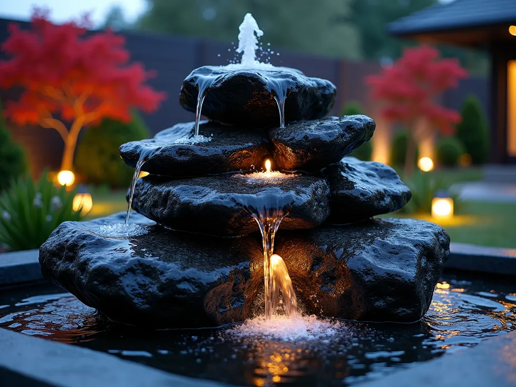 Volcanic Rock Fountain at Dusk - A stunning DSLR photograph of a dramatic volcanic rock water feature in a modern backyard garden, captured at dusk. Dark, porous volcanic rocks are stacked organically in a pyramidal formation, with water gracefully cascading down their textured surfaces. Soft LED uplighting illuminates the rocks' crevices, while subtle steam rises from hidden vents, creating a mystical volcanic effect. The fountain is surrounded by low-growing Japanese forest grass and black mondo grass, with strategic placement of red-leafed Japanese maples providing dramatic contrast. The wide-angle composition shows the fountain as a focal point, with the background featuring ambient garden lighting and modern landscaping. Water droplets glisten on the volcanic rock's surface, captured in perfect detail with the camera's settings.