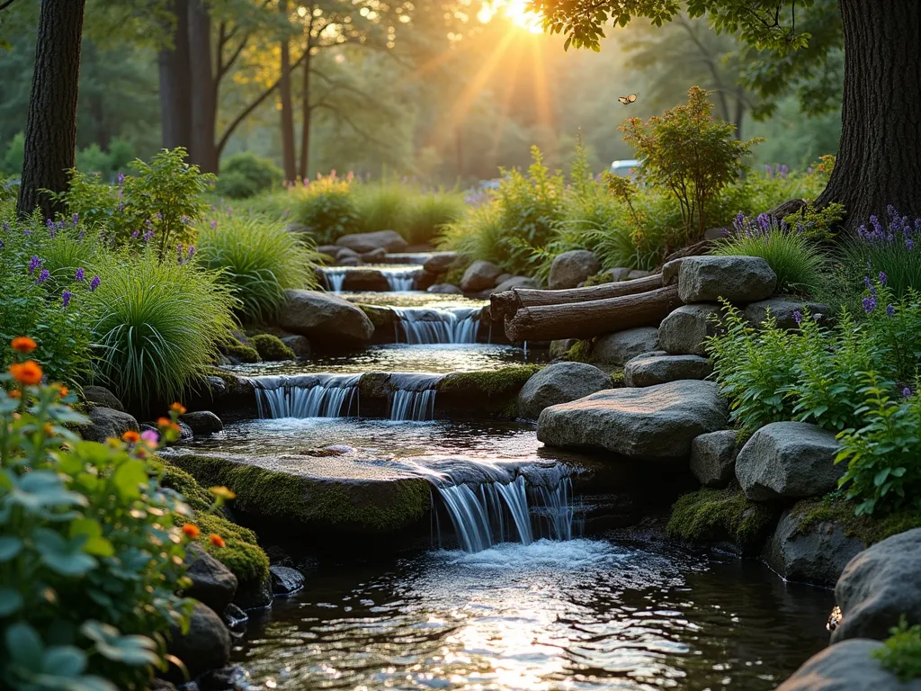 Woodland Stream Garden Feature - A serene backyard rock garden featuring a natural-looking stream cascading over moss-covered stones and weathered logs at twilight. Multiple small waterfalls create gentle water music, surrounded by lush ferns, native woodland flowers, and Japanese forest grass. Golden evening light filters through overhanging mature trees, casting dappled shadows on the crystal-clear water. Shot from a low angle with a 16-35mm lens at f/2.8, capturing the stream's meandering path through natural stone arrangements and clusters of river rocks. Native wildlife like birds and butterflies interact with the various microhabitats. Subtle landscape lighting illuminates the water features, creating a magical woodland atmosphere.