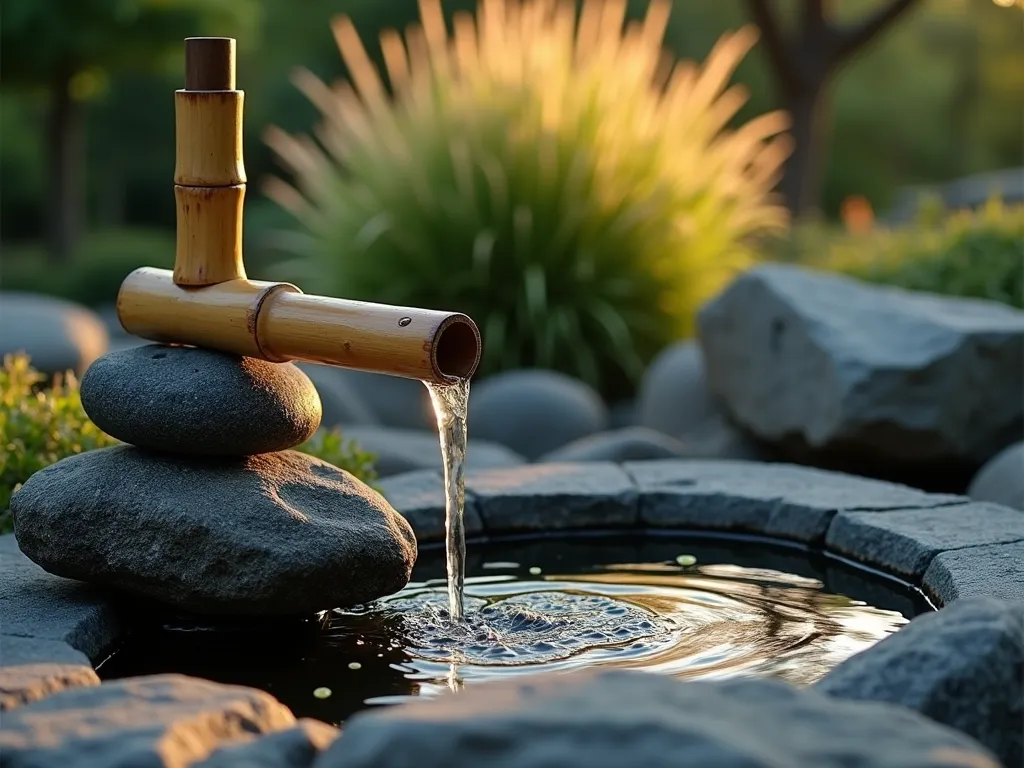 Zen Bamboo Water Feature - A serene Japanese garden scene at dusk, featuring a traditional bamboo kakei water spout mounted on natural granite stones. The water gracefully falls into a shallow stone basin carved from a single piece of dark granite. Surrounding the fountain, carefully arranged river rocks create organic patterns, while tufts of flowing Hakonechloa macra (Japanese forest grass) catch the last golden rays of sunlight. Shot from a low angle perspective with a 16-35mm lens at f/2.8, capturing the gentle motion of water drops and the interplay of light on the bamboo's polished surface. Soft lantern light illuminates the scene, creating depth and shadows among the rocks and vegetation.