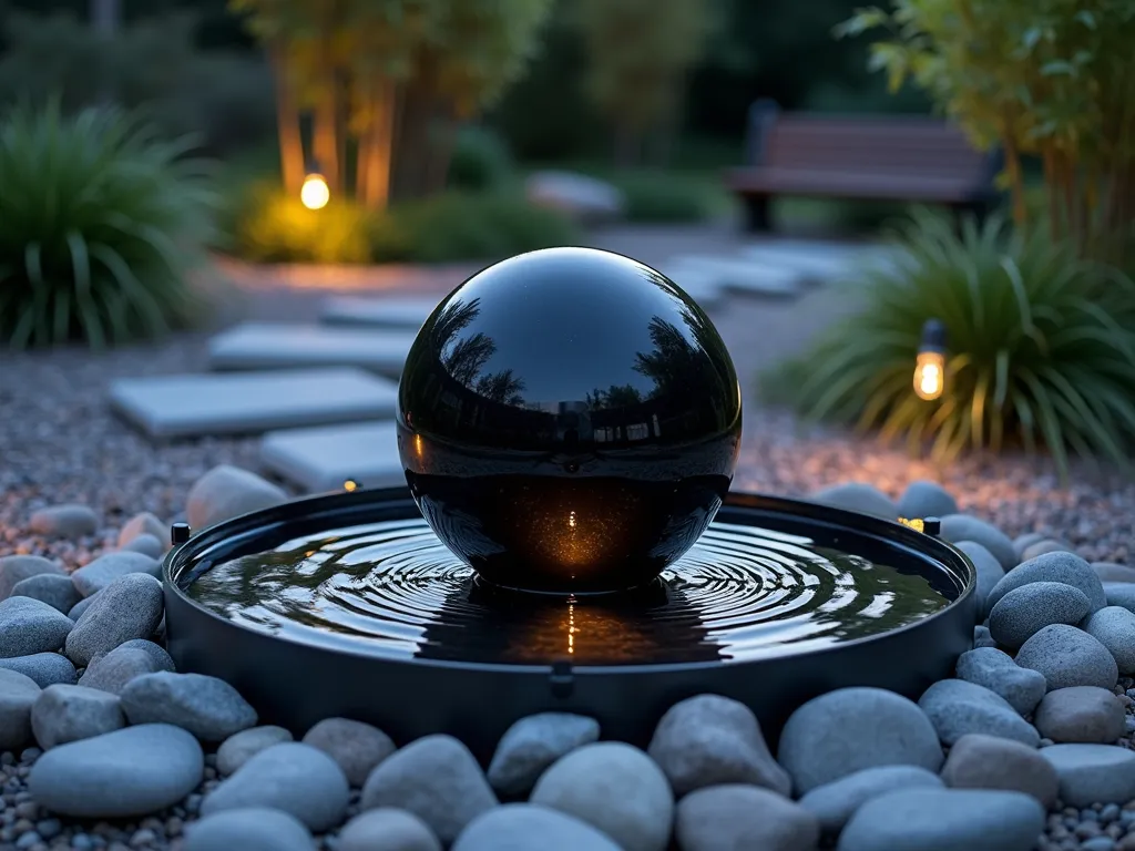 Zen Sphere Rock Fountain at Dusk - A serene garden scene at dusk, featuring a perfectly polished black granite sphere (diameter 24 inches) rotating on a cushion of water, centered in a circular bed of smooth river rocks in varying shades of gray and white. The sphere sits in a modern shallow basin made of brushed stainless steel. Soft, warm LED uplighting illuminates the water's gentle movement across the sphere's surface, creating mesmerizing reflections. The fountain is surrounded by carefully placed medium-sized boulders and minimalist plantings of Japanese forest grass and dwarf bamboo. A stone path of slate stepping stones leads to a small meditation bench in the background. Shot with a wide-angle lens at f/2.8, capturing the entire zen garden composition while maintaining a dreamy bokeh effect in the background. The scene is photographed during the blue hour, with subtle landscape lighting creating a magical atmosphere.