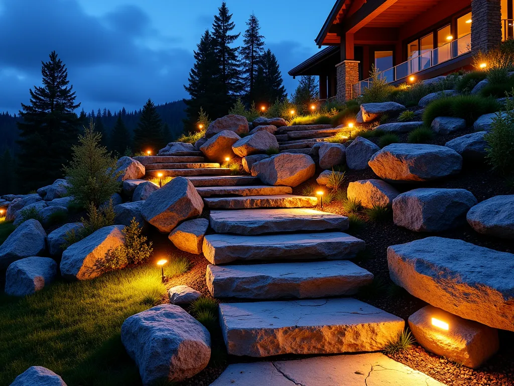 Alpine Sunset Rock Garden - A stunning dusk photograph of a terraced rock garden illuminated by strategically placed amber LED landscape lights. Natural granite and limestone boulders cascade down different levels, creating dramatic shadows and warm glows reminiscent of an alpine sunset. The lighting creates a golden hour effect on the rock faces, with some lights nestled between rocks casting upward beams that highlight the natural textures and striations in the stone. Small clusters of hardy alpine plants like Sempervivum and Sedum peek between the rocks, their silhouettes dramatic against the warm lighting. Shot from a low angle with a wide-angle lens to capture the full scope of the illuminated rock garden against a deep blue twilight sky, with a modern home partially visible in the background. The ambient lighting creates a cozy, mountain lodge atmosphere in this backyard setting.