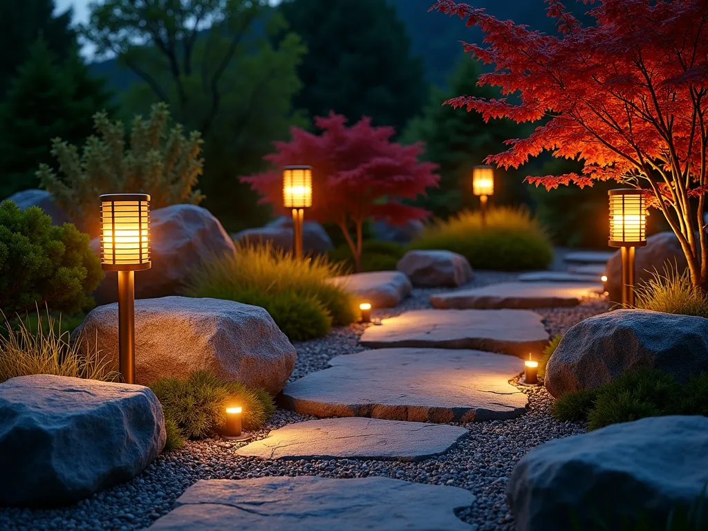 Bamboo Torch Rock Garden at Twilight - A serene twilight scene of a beautifully landscaped rock garden featuring modern bamboo torch lighting. Wide-angle DSLR shot capturing the interplay of warm, flickering LED-powered bamboo torches standing at varying heights (4-6 feet) among natural stone boulders and stepped rock formations. Japanese maples and ornamental grasses create soft textures between grey and rust-colored rocks. The torches cast a golden glow across the stone surfaces, creating dramatic shadows and highlighting the garden's texture. Small LED ground lights illuminate the base of larger rocks, while the bamboo torches provide height and movement. Photographic style emphasizes the atmospheric lighting with pristine clarity, shot at golden hour with long shadows and rich colors. 8K resolution, hyperrealistic detail, professional lighting composition.