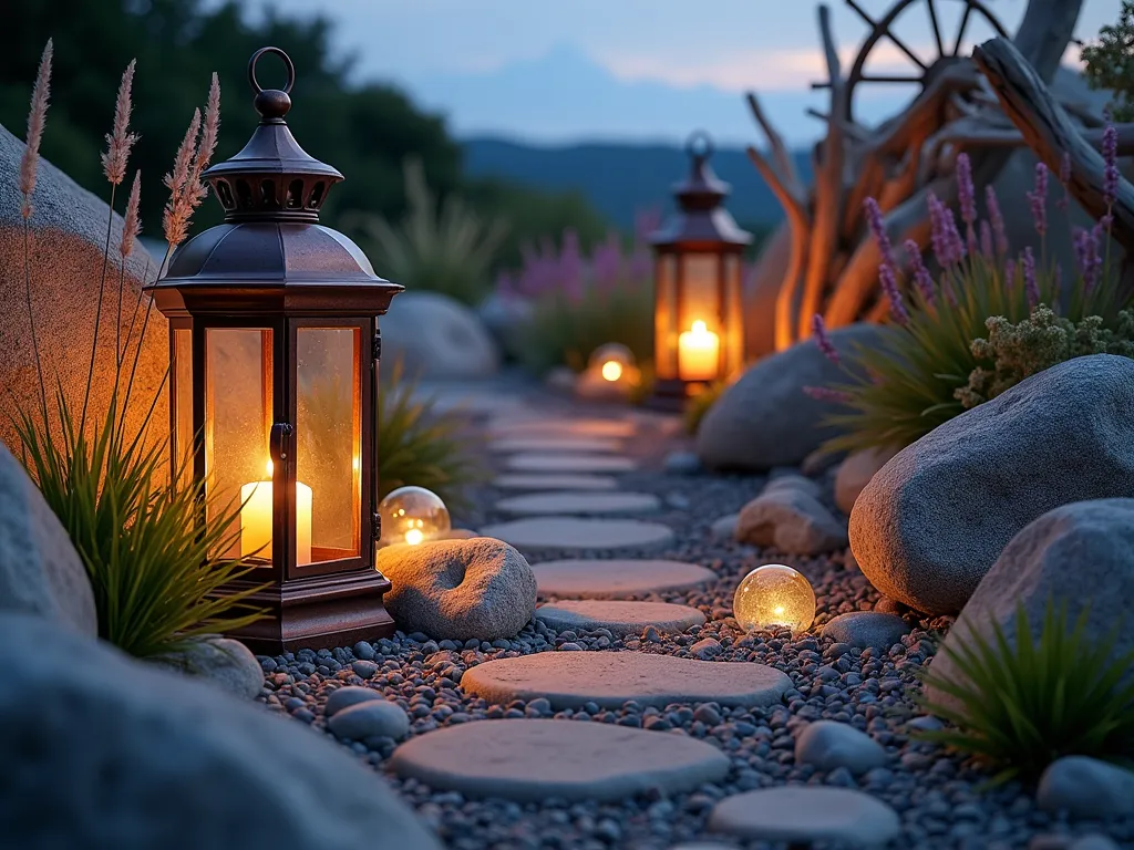 Nautical Rock Garden at Twilight - A magical twilight scene of a coastal-inspired rock garden, photographed with a DSLR wide-angle lens. Large weathered copper and brass nautical lanterns cast warm, golden light across smooth beach stones and weathered driftwood. Maritime grasses sway gently between granite boulders, while classic ship's wheel lanterns mounted on cedar posts illuminate a winding pebble path. Sea glass orbs nestled among the rocks reflect the lanterns' glow, creating an enchanting seaside atmosphere. The composition features natural rock formations in varying sizes, with coastal perennials like lavender and seathrift adding soft purple and pink hues. Shot at f/8 for optimal depth of field, capturing the intricate textures of the rocks and the ethereal play of light and shadow.