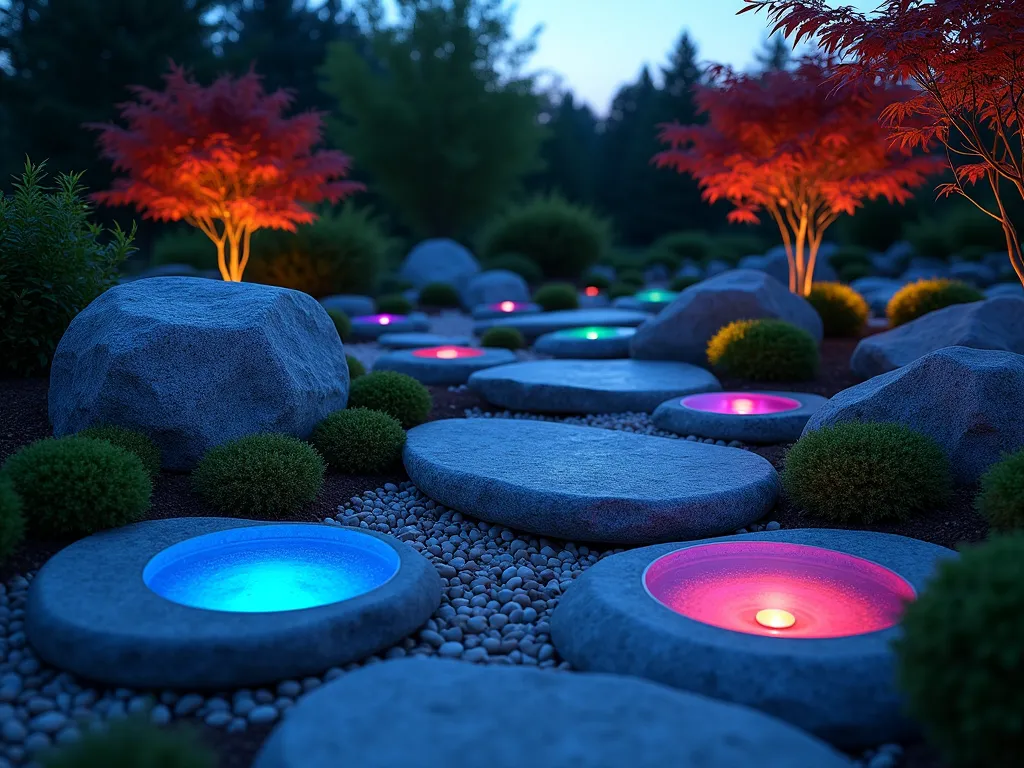 Enchanted Glass Rock Lighting Display - A dusk photograph of a modern zen garden featuring smooth river rocks and boulders artistically arranged with illuminated colored glass lights embedded between them. The lights emit a mesmerizing array of jewel tones - deep sapphire blue, emerald green, and amethyst purple - creating magical pools of light that reflect off the polished stone surfaces. Japanese maple trees cast gentle shadows in the background, while low-growing sedum and moss soften the rock edges. The scene is captured from a low angle, emphasizing the dramatic interplay of light and shadow, with some lights appearing to float mysteriously among the rocks. The lighting creates an ethereal atmosphere, transforming the garden into a contemporary artistic installation.