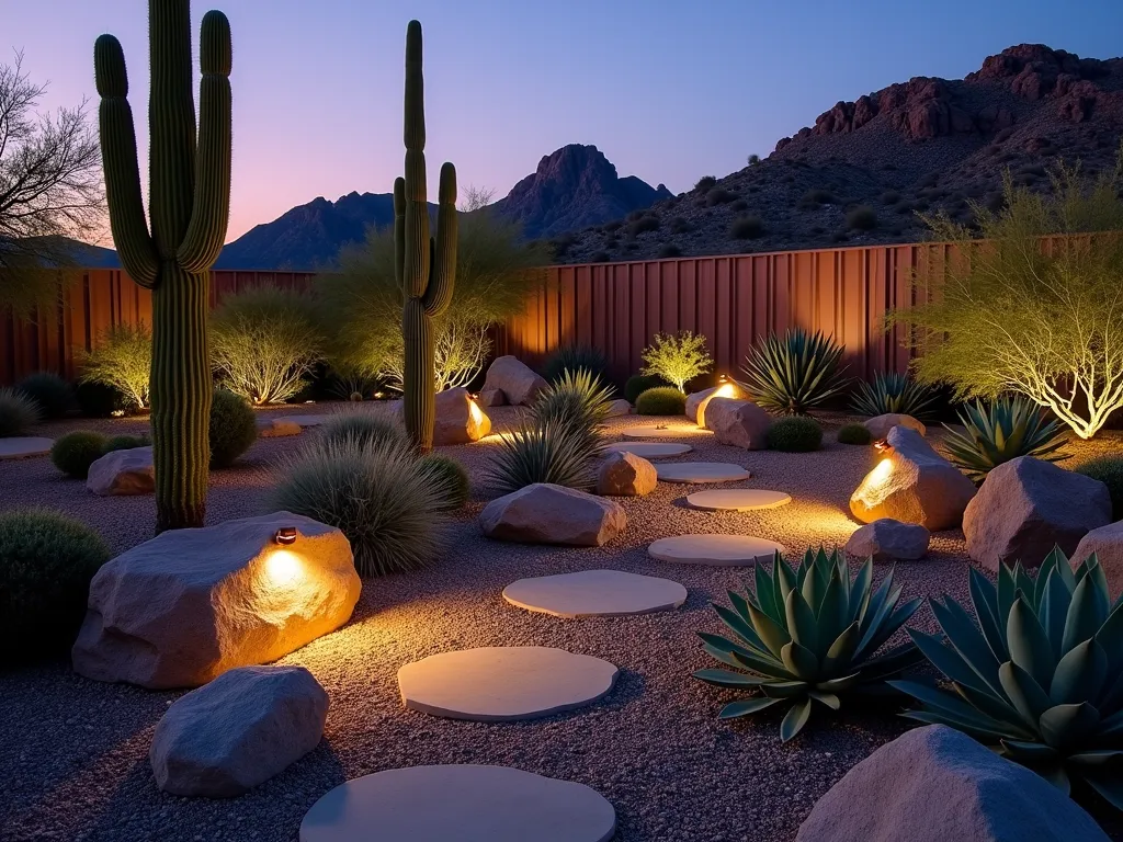 Desert Rock Garden Illumination at Dusk - A professional DSLR photograph capturing a modern desert rock garden at dusk, featuring dramatic copper spike lights illuminating towering saguaro cacti and sculptural agave plants. The lighting casts long, intricate shadows across smooth river rocks and decomposed granite pathways. Angular boulders strategically placed throughout create depth, while warm LED spotlights highlight the textural contrast between succulents and stone formations. The composition includes a curved weathered steel retaining wall in the background, with the last rays of sunset creating a purple-orange gradient in the sky. Shot with a wide-angle lens at f/8, capturing the entire garden while maintaining crisp detail in both foreground succulents and background rock formations. The dramatic lighting emphasizes the architectural forms of desert plants and creates a magical, southwestern atmosphere.