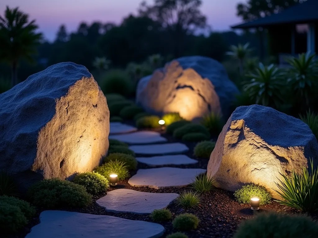 Dramatic Boulder Uplighting at Twilight - A professional landscape photograph of a serene backyard rock garden at twilight, featuring three massive, weathered granite boulders dramatically illuminated by powerful LED ground spotlights. The uplighting casts striking shadows and highlights the rugged textures and mineral patterns in the stone surfaces. Small ornamental grasses and creeping thyme soften the base of the boulders. The composition captures the interplay of light and shadow across the rocks, with a soft purple-blue twilight sky in the background. Shot with a wide-angle lens at f/2.8, creating a dreamy bokeh effect with the garden foliage in the background. The lighting creates a theatrical atmosphere while maintaining a natural, organic feel. Photorealistic, high-end architectural lighting design, moody evening ambiance.