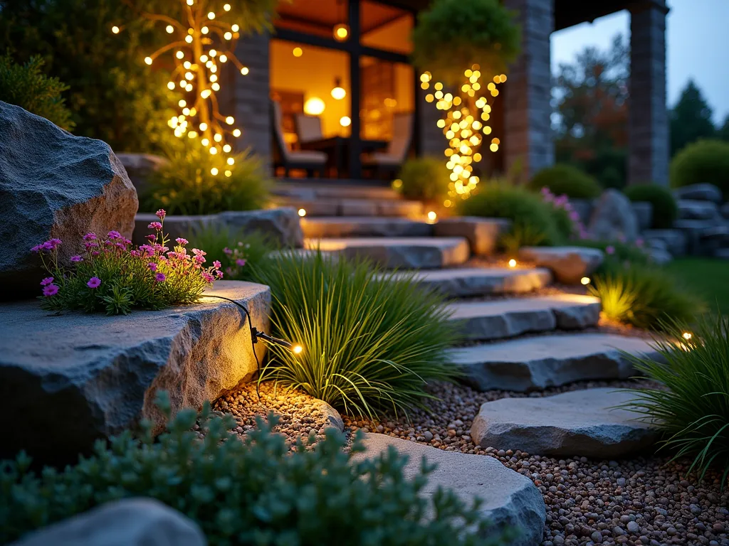 Enchanted Rock Garden with Cascading Fairy Lights - A twilight photograph of a beautifully landscaped rock garden captured with a wide-angle 16-35mm lens at f/2.8, ISO 400. Natural stone formations create terraced levels adorned with cascading plants. Warm white fairy lights are artfully draped between the rocks and intertwined with trailing plants, creating a magical starlit effect. The lighting casts a soft, ethereal glow on the surrounding foliage and stone textures. In the foreground, varieties of creeping phlox and sedum spill over weathered boulders, while Japanese forest grass adds texture at the base. The background reveals a cozy patio seating area partially visible through the illuminated garden scene, suggesting an intimate entertainment space. Dew drops on the plants catch and reflect the twinkling lights, adding an extra layer of enchantment to the composition.