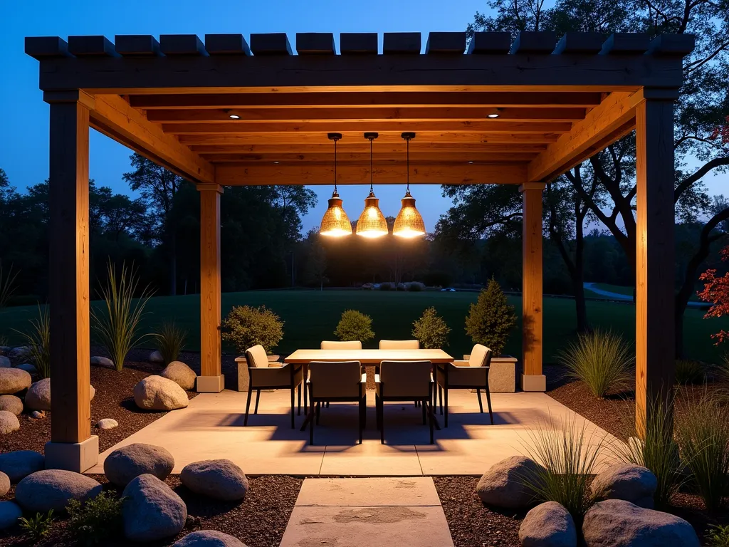 Enchanted Rock Garden Pendant Canopy - A twilight photograph of an elegant rock garden seating area, featuring a modern pergola draped with three weathered brass pendant lights suspended at varying heights. The lights cast a warm, intimate glow over a natural stone dining table surrounded by comfortable outdoor chairs. The rock garden below features carefully placed boulders, ornamental grasses, and Japanese maples, their silhouettes dramatic in the evening light. Shot from a medium-low angle to capture both the pendant lighting arrangement and the surrounding garden elements, with subtle bokeh effects from the pendant lights. The pergola's wooden beams create striking geometric shadows across the space, while subtle landscape lighting illuminates the rock garden pathways. Digital photography with atmospheric depth, 24mm focal length, f/2.8, captured during blue hour.