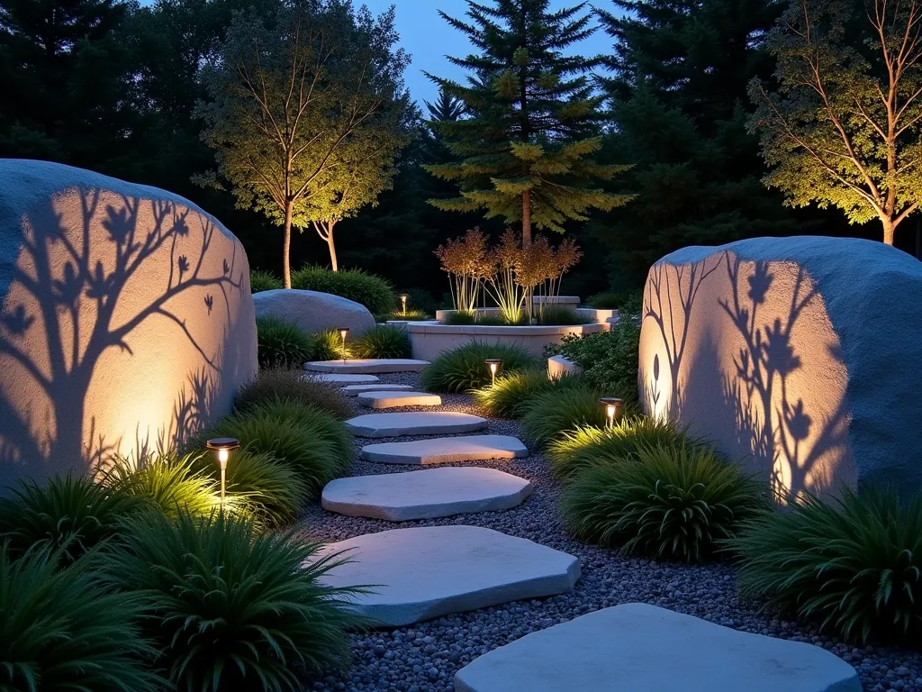 Enchanted Rock Garden Shadow Play - A twilight photograph of a contemporary rock garden featuring sleek metal projector lights casting intricate leaf and branch patterns onto smooth granite rock faces. The artistic shadows dance across light-colored stone walls and flat rock surfaces, creating a mesmerizing interplay of light and shadow. Natural ferns and ornamental grasses frame the scene, while uplighting on Japanese maple trees adds depth. Shot from a low angle to emphasize the dramatic shadow patterns, with the warm glow of dusk creating a magical atmosphere. Photographed with a digital camera, 16-35mm lens at f/2.8, ISO 400, capturing the rich contrasts and subtle lighting nuances.