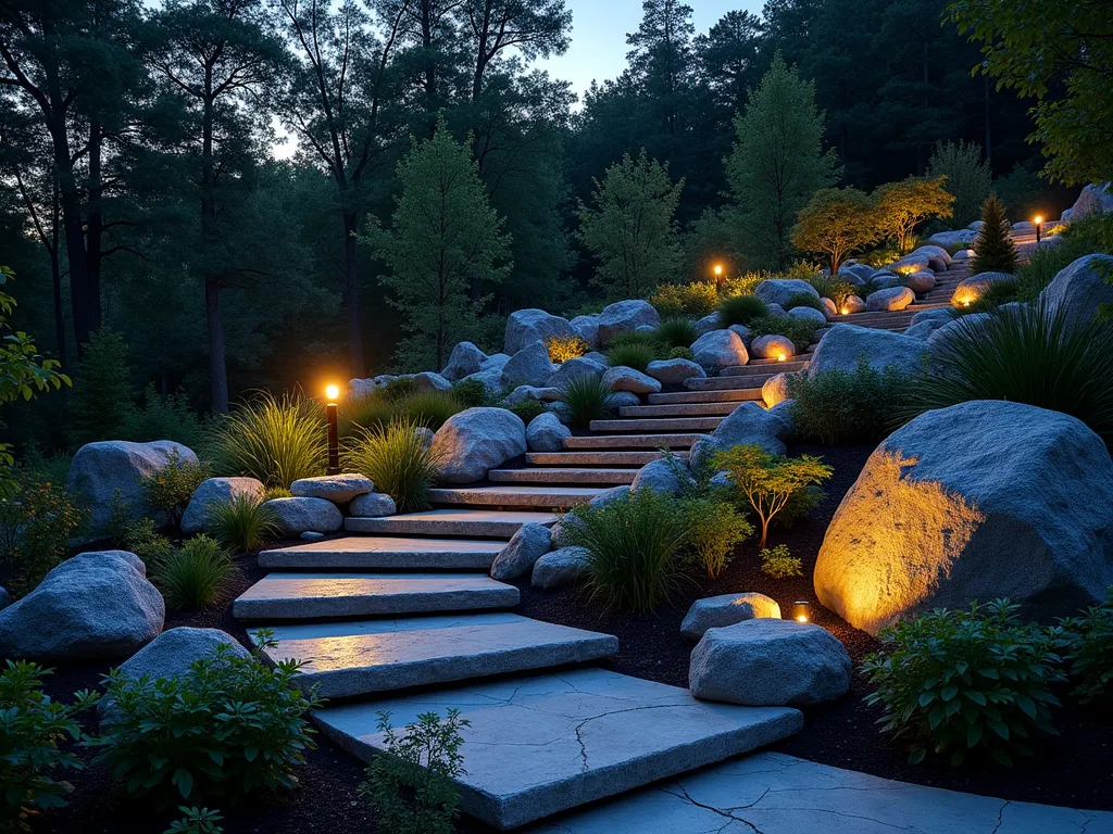 Ethereal Moonlit Rock Garden - A captivating night scene of a terraced rock garden photographed with a wide-angle lens, featuring strategically placed LED downlights nestled high in mature maple trees. The soft, silvery illumination cascades down, creating gentle shadows that dance across weathered granite boulders and limestone outcrops. Japanese maples and ornamental grasses sway gently in the foreground, their silhouettes dramatic against the moonlit stones. Natural stone steps wind through the garden, their edges softly illuminated by the diffused light from above. Small water features reflect the gentle illumination, adding sparkle to the scene. The composition captures the magical interplay of light and shadow, photographed with a professional DSLR camera at f/8, ISO 100, creating a dreamy, natural moonlit atmosphere that highlights the dimensional qualities of the rock formations.