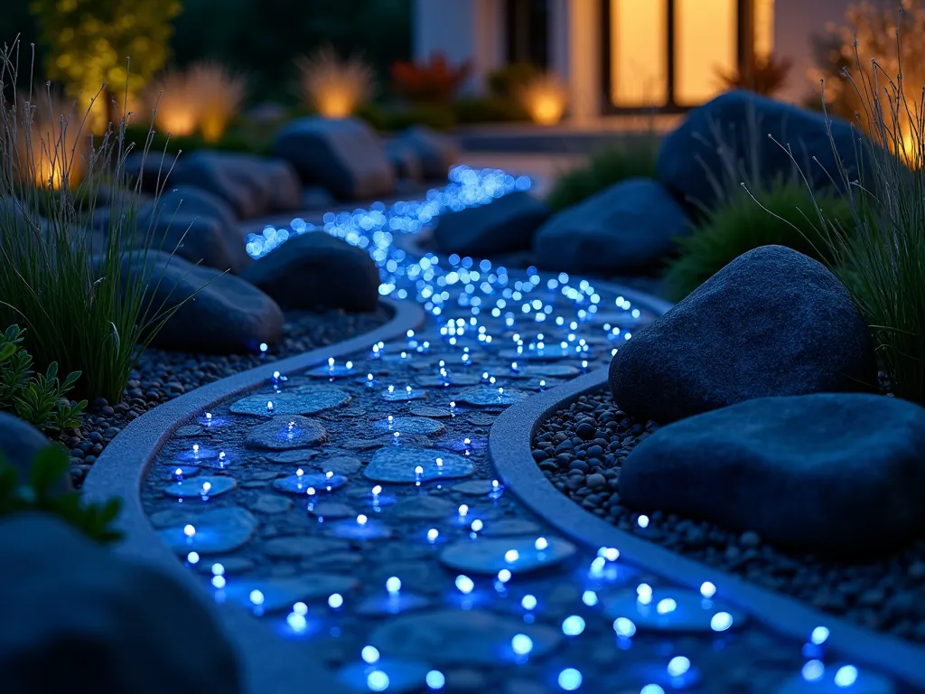 Starlit Rock Garden with Fiber Optic Illumination - A dramatic nighttime close-up of a modern Japanese-inspired rock garden where hundreds of tiny fiber optic lights sparkle like stars between dark polished river rocks and small boulders. The blue-white LED lights create a mesmerizing constellation effect, with some strands weaving between carefully placed granite stones. Small ornamental grasses cast gentle shadows in the ethereal lighting, while a curved dry stream bed design adds depth to the composition. The background shows a softly lit contemporary home facade, creating a magical twilight atmosphere where the illuminated rocks appear to mirror the night sky above.