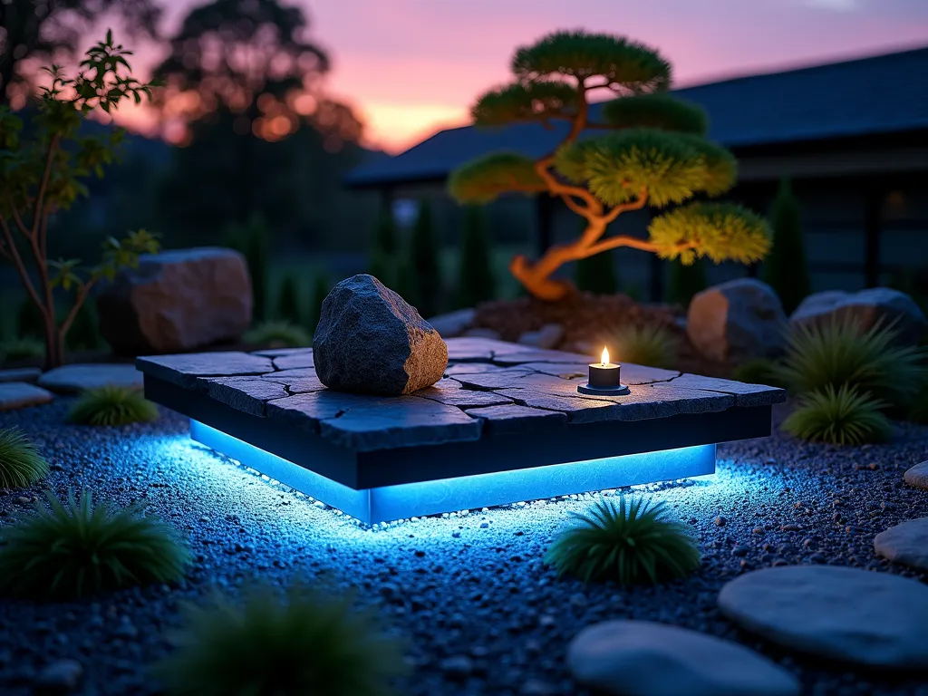 Ethereal Floating Rock Platform with LED Underlighting - A twilight scene of a modern Japanese-inspired rock garden featuring a raised natural stone platform floating 8 inches above ground, illuminated by warm LED strips hidden beneath. The platform consists of slate and granite rocks artfully arranged on a black metal framework. Soft blue-tinted lighting creates a mystical glow underneath, casting dramatic shadows on the gravel bed below. Small ornamental grasses and moss patches surround the installation, while a twisted Japanese maple provides architectural interest in the background. Shot from a low angle to emphasize the floating effect, with the last rays of sunset creating a purple-orange sky backdrop.