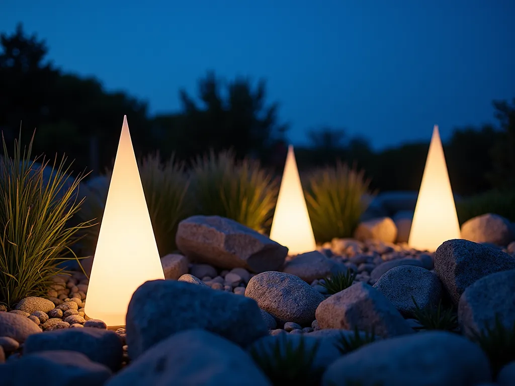 Modern Geometric LED Pillars in Rock Garden - A twilight photograph of a contemporary rock garden featuring sleek, triangular LED light pillars in varying heights (3-5 feet) emerging from a carefully arranged bed of smooth river rocks and angular granite boulders. The geometric pillars cast dramatic shadows and emit a warm white light (3000K) that creates striking patterns across the stone surfaces. In the background, ornamental grasses and low-growing succulents add organic contrast to the modern elements. Shot from a low angle perspective to emphasize the architectural nature of the pillars against the deepening blue sky, with the lighting creating a ethereal ambiance. Captured with a DSLR camera, wide-angle lens at f/8, ISO 100, shutter speed 1/125s, showcasing the interplay of natural and artificial lighting.