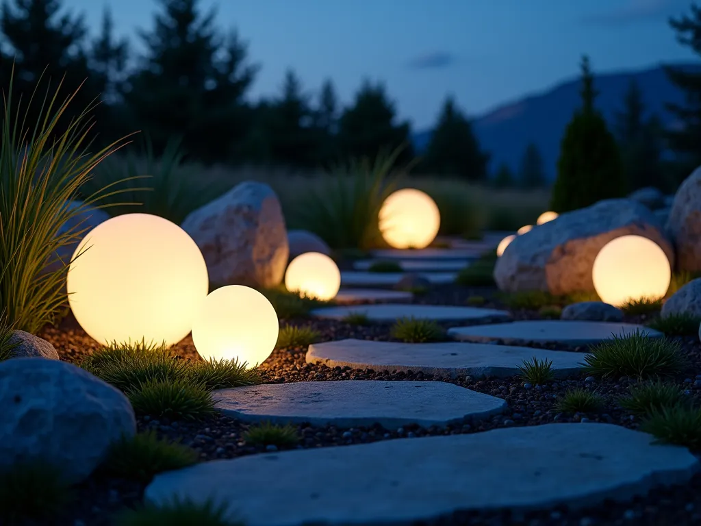 Enchanting Glowing Spheres in Rock Garden - A captivating twilight scene of a modern rock garden featuring ethereal glowing spheres in varying sizes (8-24 inches) nestled among natural granite and slate rocks. The spherical lights emit a warm white glow, creating gentle shadows and highlights on the surrounding stone textures. Japanese forest grass and low-growing sedum provide organic contrast to the geometric orbs. Shot from a low angle perspective with selective focus, capturing the interplay of light and shadow. The background shows silhouettes of ornamental grasses and small evergreens, with the last hints of deep blue dusk sky visible. Professional lighting photograph with perfect exposure to capture both the ambient light and the illuminated spheres, showcasing the modern artistic elements against the natural rock garden setting.