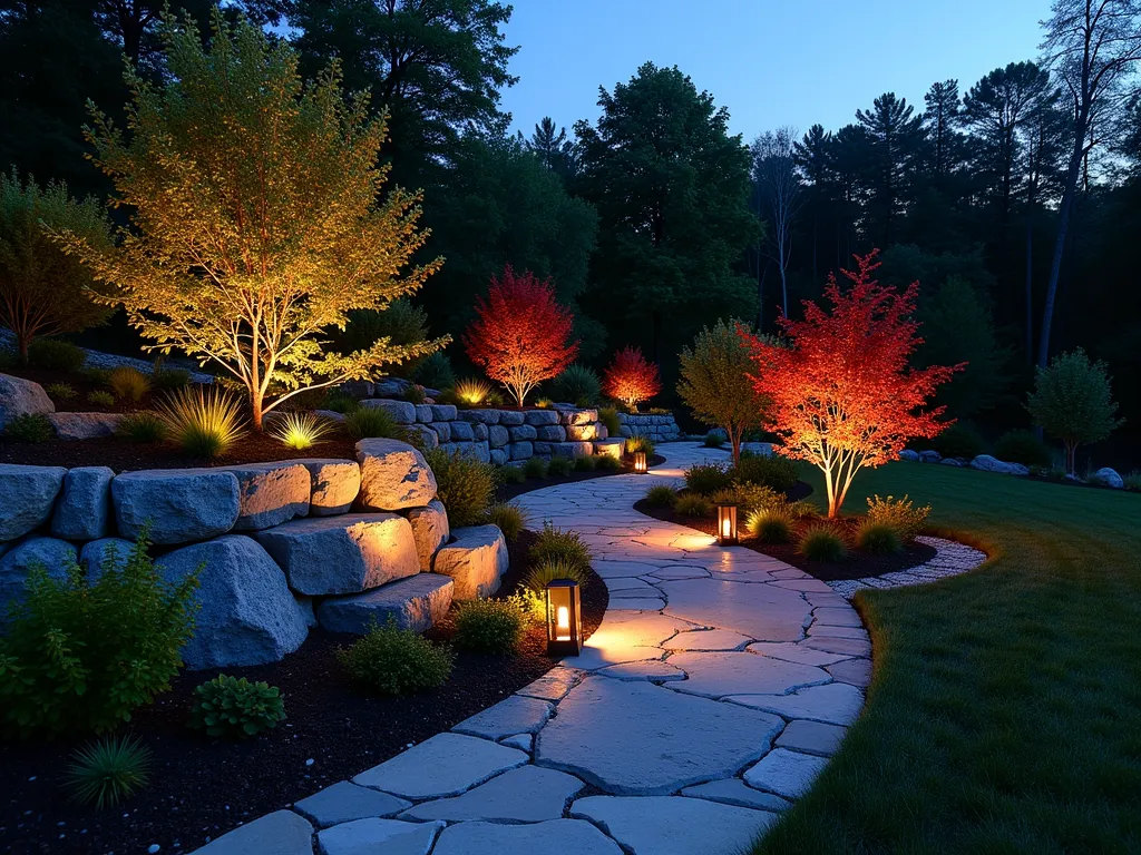 Hidden Rope Lighting Under Rock Formation - A twilight photograph of a professionally landscaped rock garden with artfully concealed LED rope lighting. The lighting emanates mysteriously from beneath natural stone overhangs, creating a warm ethereal glow that highlights the layered rock formations. The rocks are a mix of granite and limestone in earth tones, arranged in a natural-looking cascade. Japanese maples and ornamental grasses cast dramatic shadows in the subtle lighting. Shot with a wide-angle lens at dusk, capturing the interplay between the fading natural light and the artificial illumination, with a shallow depth of field that emphasizes the glowing effect. The composition includes a curved pathway leading through the rock garden, with the hidden lighting creating a magical atmosphere and safe passage.