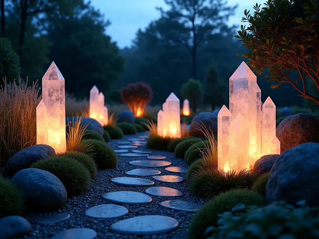 Illuminated Quartz Crystal Garden Path - A twilight garden scene featuring a winding pathway lined with large, naturally-positioned quartz crystal clusters, photographed with a wide-angle lens at dusk. Warm LED lights are strategically placed behind and within the crystals, creating ethereal light patterns that dance across the surrounding landscape. The crystals, varying in size from 1-3 feet tall, cast prismatic reflections onto nearby ornamental grasses and small boulders. Moss-covered rocks frame the crystals, while Japanese maple trees in the background add depth. The scene is captured with shallow depth of field, emphasizing the magical glow of the crystals against the deepening blue twilight sky. Small ground-level spotlights illuminate the path, creating layers of light and shadow. The composition includes dewdrops on surrounding foliage that catch and reflect the crystal light, photographed using a 16-35mm lens at f/2.8, ISO 400, capturing the mystical atmosphere of this enchanted garden space.