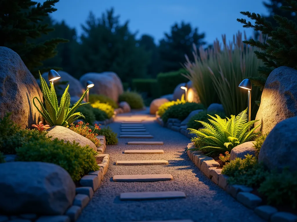 Illuminated Rock Garden Plant Pockets at Dusk - A close-up twilight shot of an elegant rock garden where strategically placed LED spotlights illuminate delicate ferns and flowering succulents nestled between weathered granite boulders. The warm lighting creates dramatic shadows and depth, highlighting the textural contrast between smooth stones and lush foliage. Small sempervivums and echeverias catch the golden light, while Japanese forest grass sways gently in the background. The scene is captured from a low angle, emphasizing the layered design and creating an enchanting, mystical atmosphere with the deep blue dusk sky visible above.