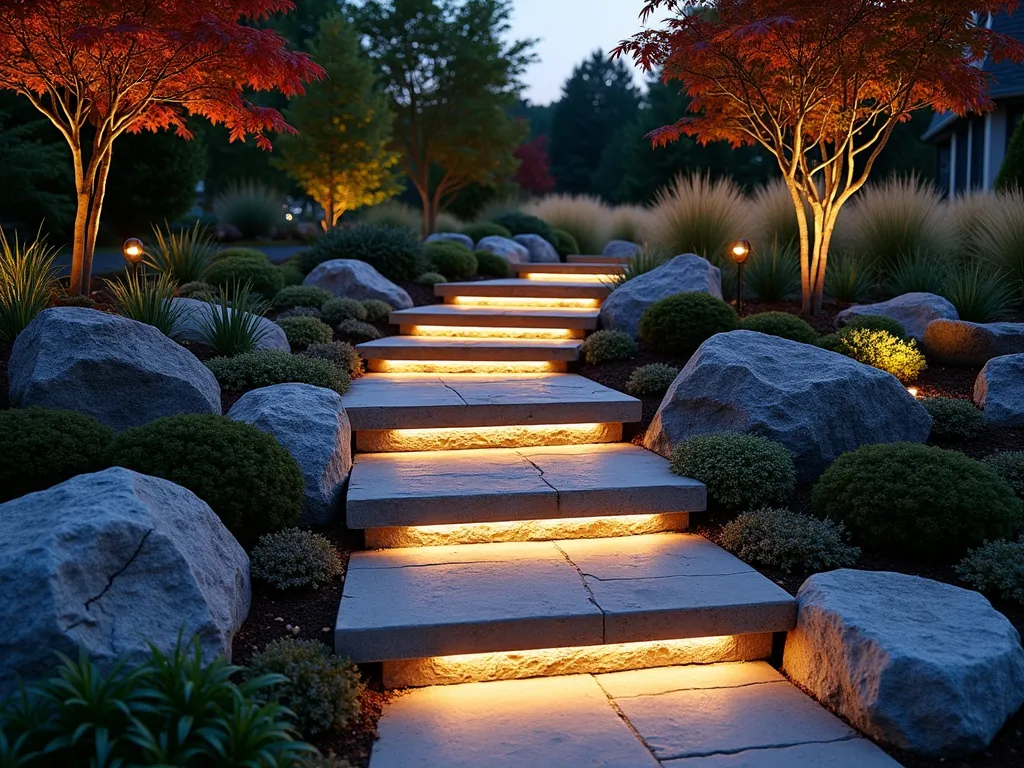 Illuminated Rock Garden Steps at Dusk - A serene dusk scene showcasing modern rock garden steps with integrated LED strip lighting, photographed at a 45-degree angle. Natural stone steps wind gracefully through a meticulously landscaped garden, each step edge softly glowing with warm white LED strips. Japanese maple trees frame the scene, while low-growing sedums and creeping thyme spill over the rock edges. The lighting creates a sophisticated interplay of light and shadow, highlighting the texture of the stone steps and surrounding rock features. Small copper puck lights are strategically embedded between rocks, creating a safe pathway while maintaining an enchanting atmosphere. The background features subtle uplighting on ornamental grasses, creating depth and dimension in the twilight setting.