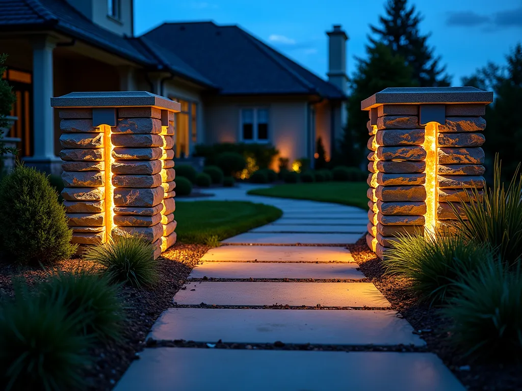 Illuminated Stone Column Garden Feature - Professional DSLR twilight photograph of a modern garden featuring two impressive 6-foot hollow stone columns with warm LED lights glowing from within, creating dramatic shadows and light patterns across a manicured garden path. The columns are crafted from stacked natural granite rocks with subtle gaps allowing light to peek through. The surrounding landscape includes ornamental grasses and small evergreen shrubs, softly illuminated by the column's glow. Shot at f/8 with a wide-angle lens, capturing the depth and ambiance of the entire garden scene, with a modern home's silhouette barely visible in the background. The natural bluish dusk sky contrasts beautifully with the warm lighting, while dewdrops on the nearby plants sparkle in the gentle illumination.