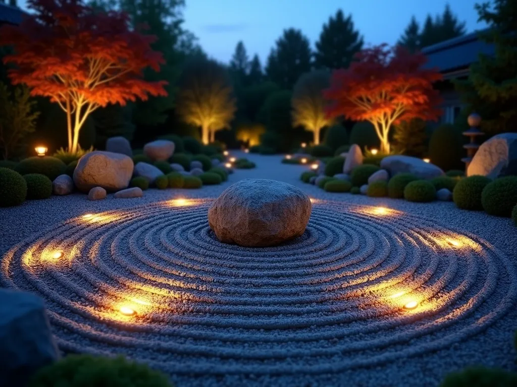 Illuminated Zen Rock Garden Circle - A serene twilight photograph of a Japanese-inspired rock garden featuring a perfect circle of warm LED ground lights illuminating a carefully raked gravel pattern. In the center, a large, weathered meditation boulder sits surrounded by smaller, artfully arranged rocks and dwarf bamboo. The lighting creates a mesmerizing halo effect on the gravel, casting gentle shadows that emphasize the concentric circles in the rake patterns. Shot from a 45-degree elevated angle to capture the complete circular lighting design and the peaceful composition of the space. The background shows soft-focused Japanese maple trees and stone lanterns, with the last hints of deep blue dusk sky visible. 16-35mm lens, f/2.8, ISO 400, creating a dreamy atmosphere while maintaining sharp detail in the rock formations.