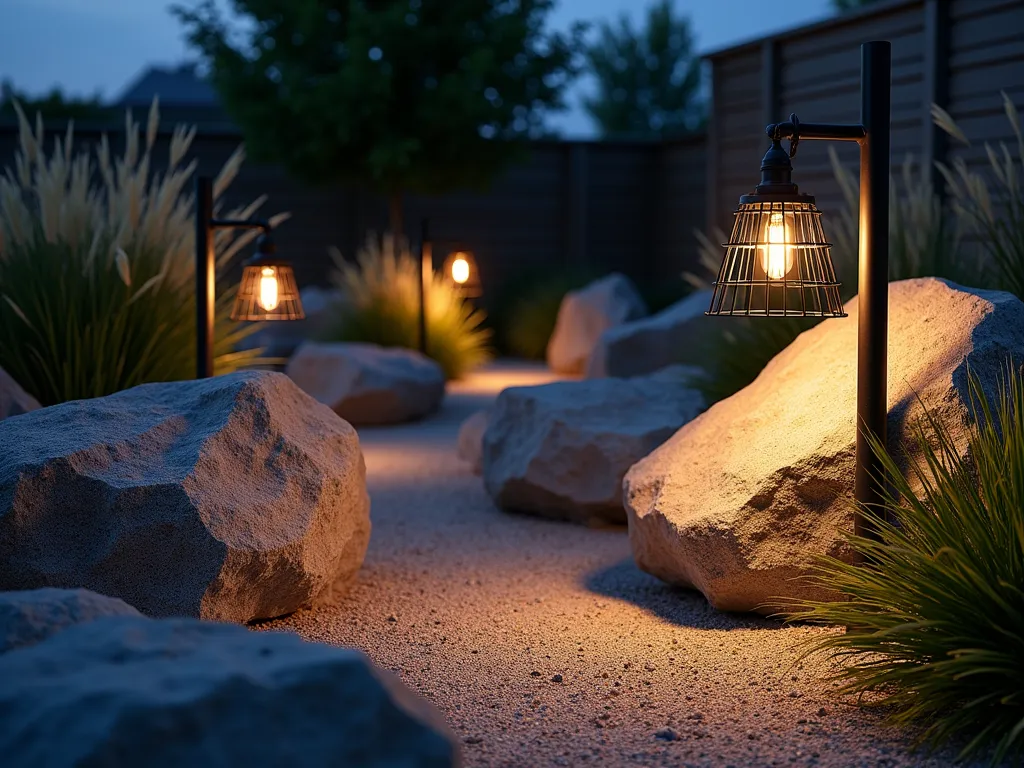 Industrial Cage Lights in Rock Garden - A twilight photography shot of a modern rock garden featuring black industrial cage pendant lights mounted on sleek metal posts, strategically placed among large, angular granite boulders. The lights cast dramatic shadows and warm pools of light across the textured rocks, while ornamental grasses sway gently in the background. Shot from a low angle perspective using a wide-angle lens, capturing the interplay of light and shadow across the rocks' surfaces. The modern industrial fixtures contrast beautifully with the natural elements, creating an atmospheric garden scene with a sophisticated urban edge. The composition includes weathered steel elements and crushed gravel pathways that enhance the industrial aesthetic.