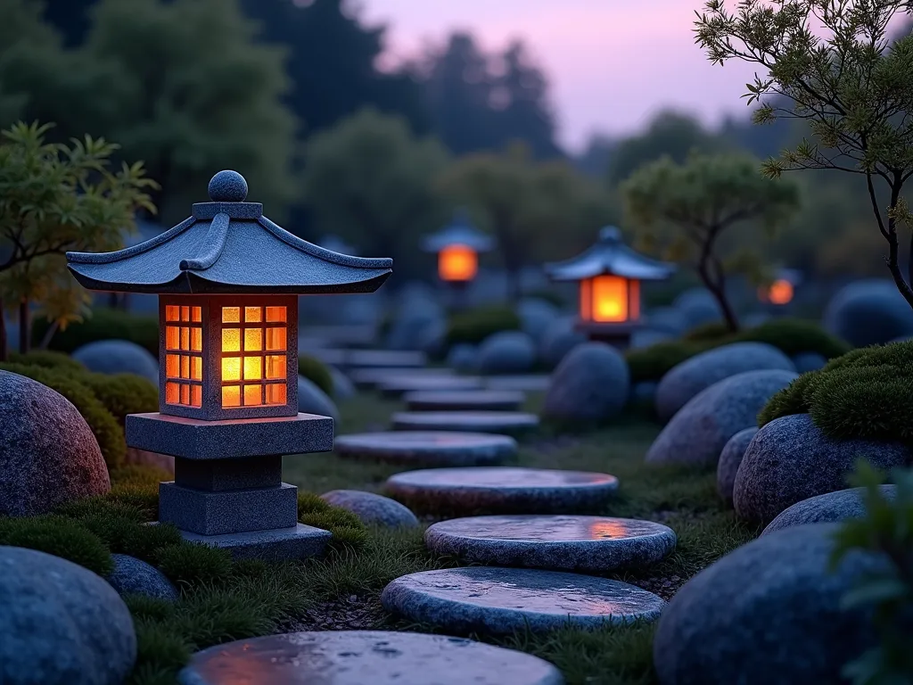 Serene Japanese Stone Lantern in Rock Garden at Twilight - A tranquil twilight scene of a Japanese-inspired rock garden featuring a weathered granite stone lantern as the focal point, emitting a warm, gentle glow. The lantern stands 4 feet tall among carefully arranged granite boulders and river rocks of varying sizes. Natural stone steps wind through the garden, bordered by low-growing Japanese forest grass and dwarf mondo grass. Several smaller traditional stone lanterns are placed strategically in the background, creating depth and atmospheric lighting. Moss-covered rocks and small clusters of Japanese maple trees frame the scene, their delicate leaves silhouetted against the dusky purple sky. Shot with a wide-angle lens at f/2.8, capturing the ethereal ambiance and the interplay of light and shadow across the rocky terrain. A subtle mist adds to the mystical atmosphere, with the lanterns' warm light reflecting off the polished stone surfaces.