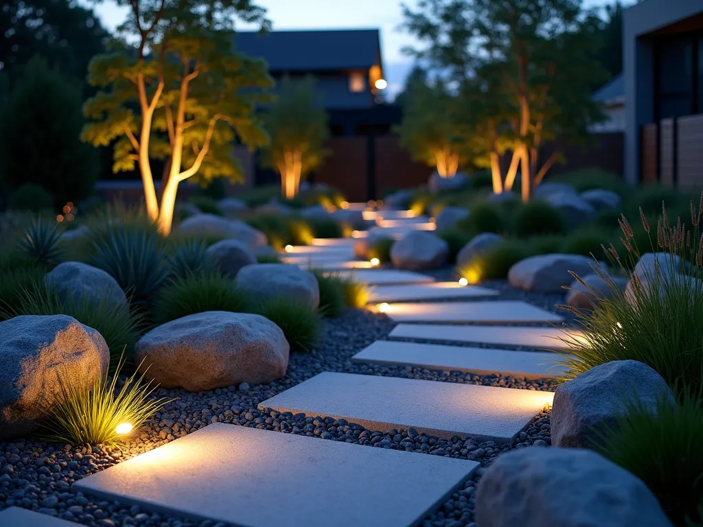 Modern LED-Lit Rock Garden Path at Twilight - A serene twilight scene of a winding garden path illuminated by concealed LED strip lighting. The path is bordered by carefully arranged granite and limestone rocks of varying sizes, with the warm white LED strips hidden beneath their overhanging edges. The subtle glow creates a floating effect along the pathway, casting a soft, modern illumination across the textured surfaces of the rocks. Small ornamental grasses and low-growing succulents peek between the rocks, their silhouettes backlit by the LED strips. Shot from a low angle to emphasize the dramatic lighting effect, with a softly blurred background featuring mature trees and modern garden features. The overall composition captures both the functionality and aesthetic appeal of modern landscape lighting design.