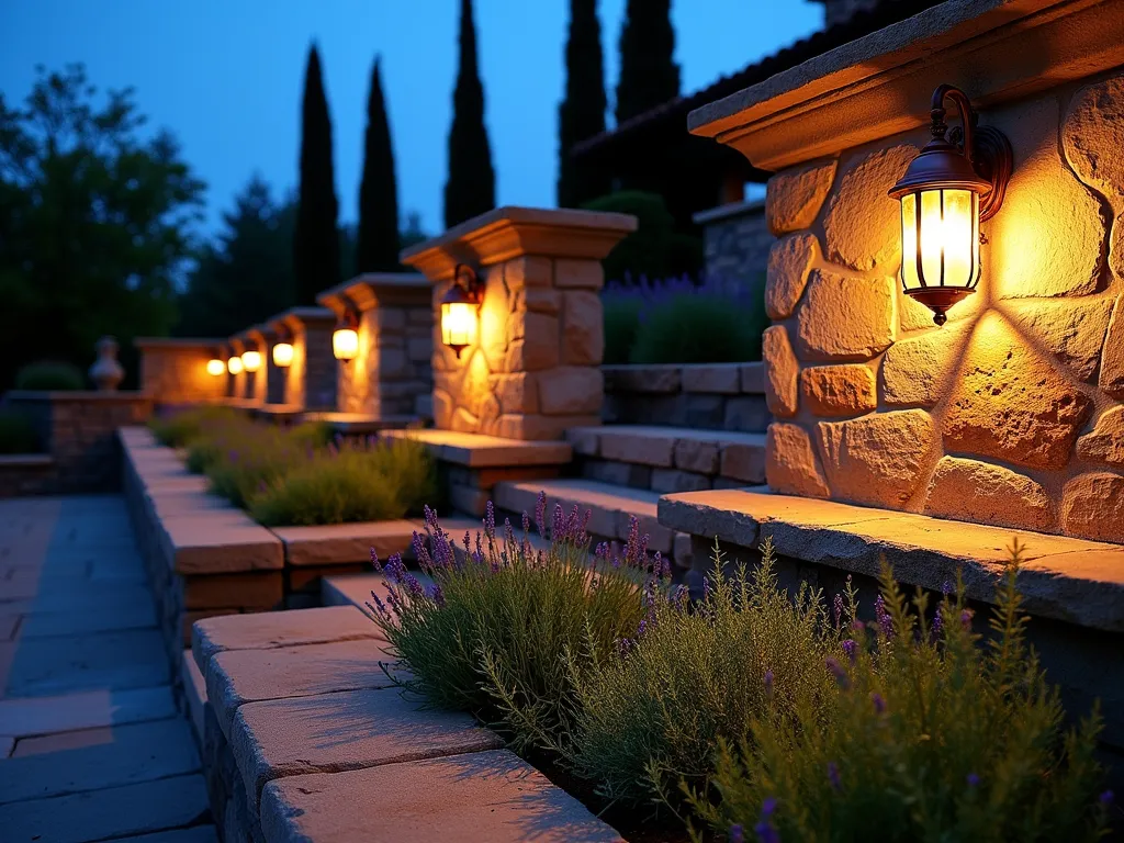 Mediterranean Rock Garden Wall Sconces at Twilight - A twilight photograph of an elegant Mediterranean-style rock garden featuring weathered stone retaining walls adorned with ornate copper wall sconces. The sconces cast dramatic up and down lighting patterns on the textured stone surface, creating warm pools of light. Cascading rosemary and lavender spill over the wall edges, while cypress trees stand sentinel in the background. The scene is captured at f/2.8 with a 16-35mm wide-angle lens, emphasizing the interplay of light and shadow across the rustic stone work, with the warm glow of the sconces contrasting against the deep blue twilight sky.