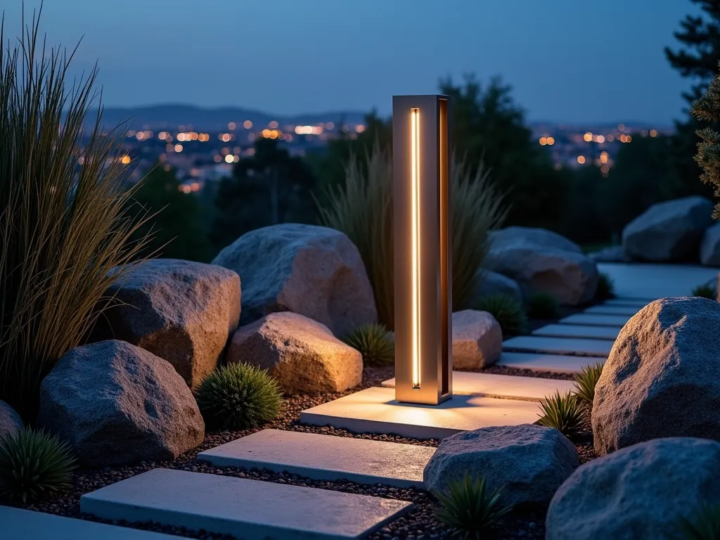 Modern Light Sculpture in Rock Garden - A dramatic dusk photography of a sleek, geometric stainless steel light sculpture, standing 6 feet tall among textured boulders and ornamental grasses in a contemporary rock garden. The sculpture emits a warm LED glow that creates intricate shadow patterns on surrounding rocks. Angular concrete pavers create a modern pathway through the garden, while carefully positioned uplighting highlights the natural texture of granite boulders. Architectural succulents and low-growing sedums add organic elements to the modernist composition. Shot with shallow depth of field focusing on the sculpture's intersection with natural elements, captured during blue hour with city lights softly twinkling in the background.